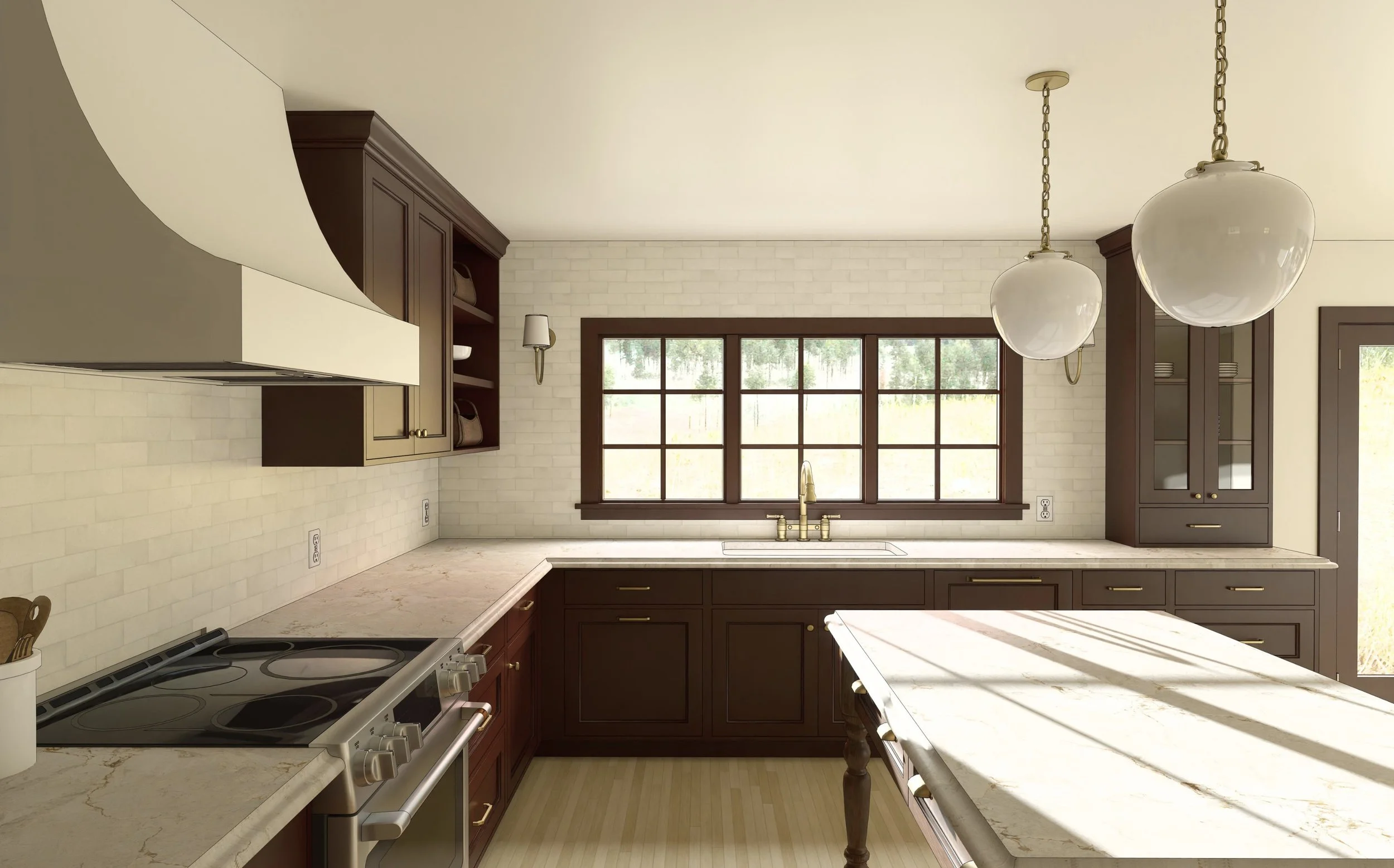 Bright kitchen with dark wooden cabinets, marble countertops, white brick backsplash, large window above sink, hanging pendant lights, and a table in the foreground.