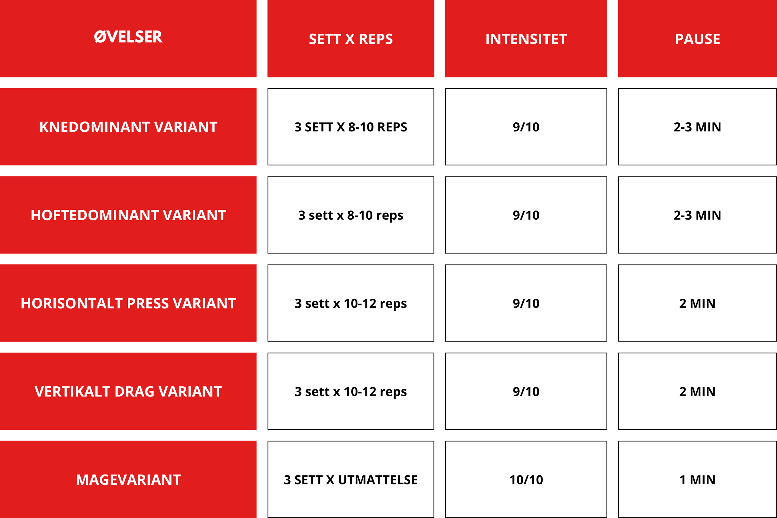 Treningsprogram med ulike varianter av øvelser, sett, reps, intensitet og pause. Kjeder, hofte, horisontal, vertikal drag og magevarianter.