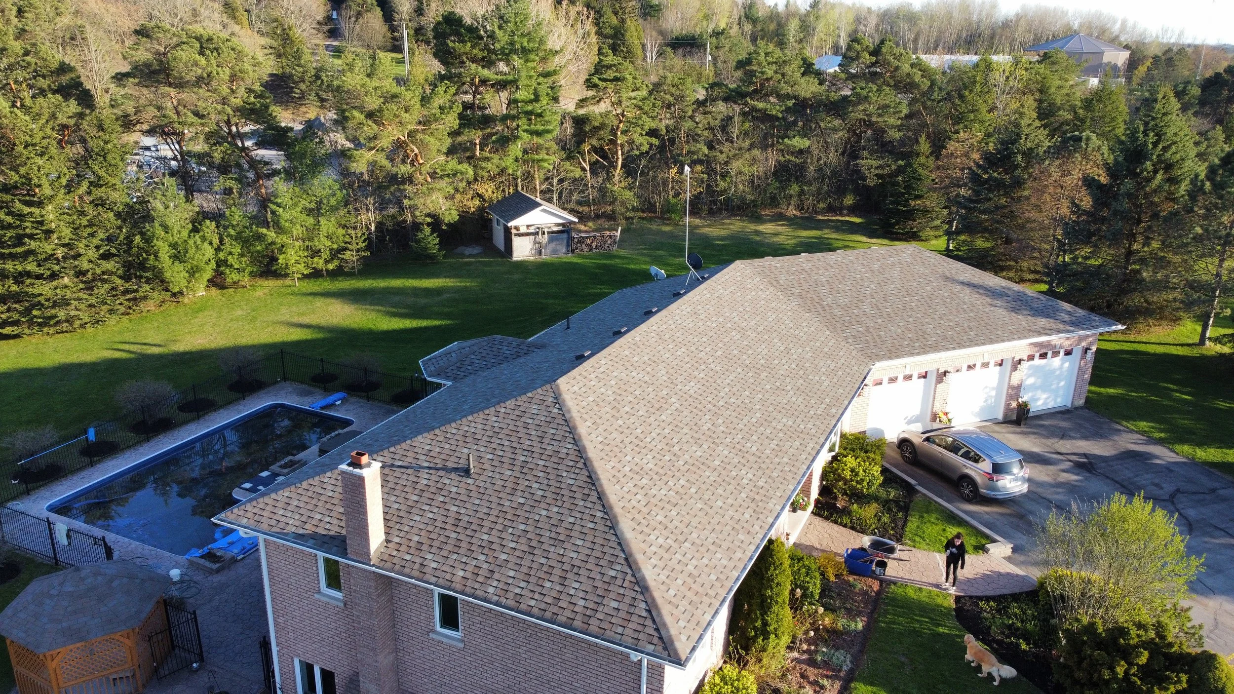 Aerial view of a residential house with a garage, backyard pool, driveway, and a person walking a dog on the sidewalk. The house is surrounded by a well-maintained lawn and trees, with a wooded area in the background.