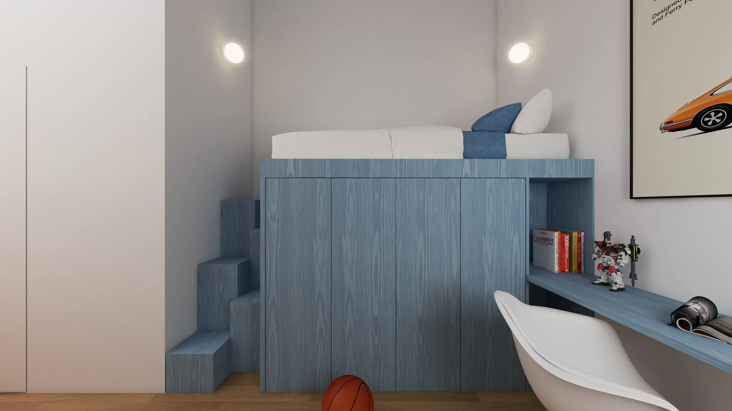 Quarto infantil com cama em mezanino, escada azul, mesa de estudos azul, cadeira branca, brinquedos, livros e bola de basquete.