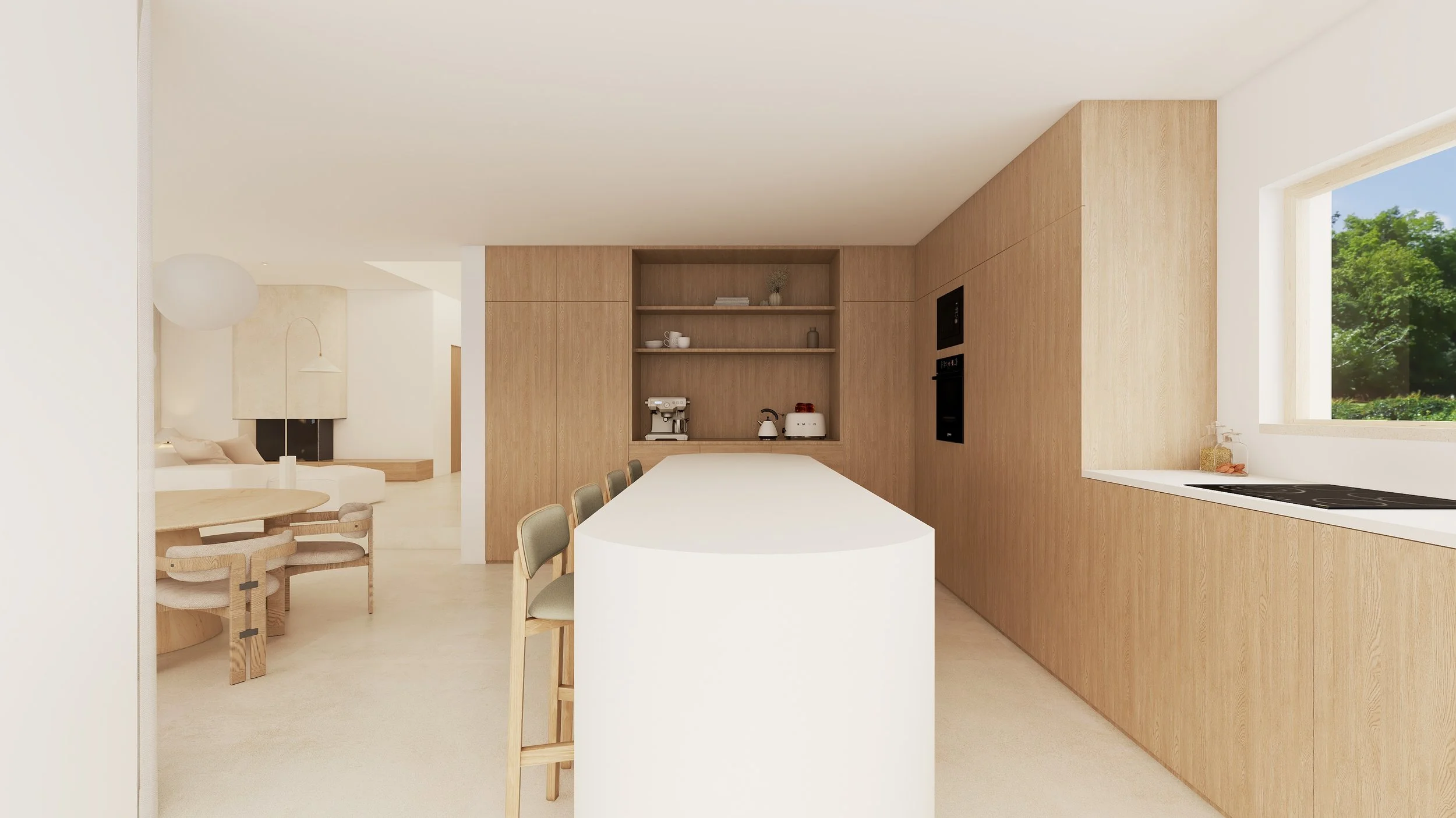 Cozinha moderna com armações de madeira, bancada branca central, estantes com utensílios de cozinha e uma janela com vista para árvores verdes ao lado.