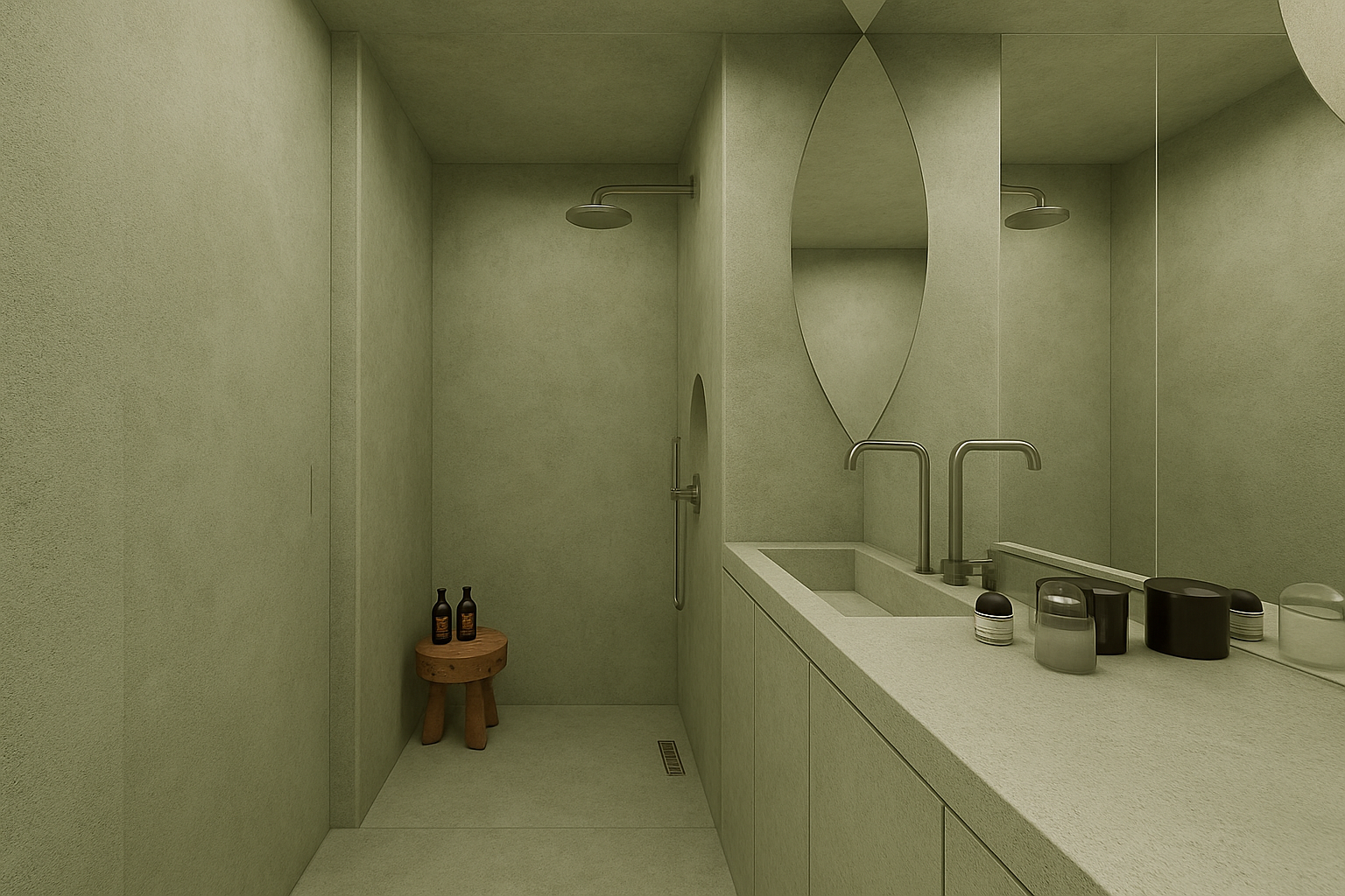 Banheiro moderno com paredes em tom de verde, espelho oval grande, pia de bancada com torneiras duplas e objetos decorativos pretos e transparentes, e uma área de ducha no fundo com jaboneteira e uma pequena mesa com duas garrafas na esquina.