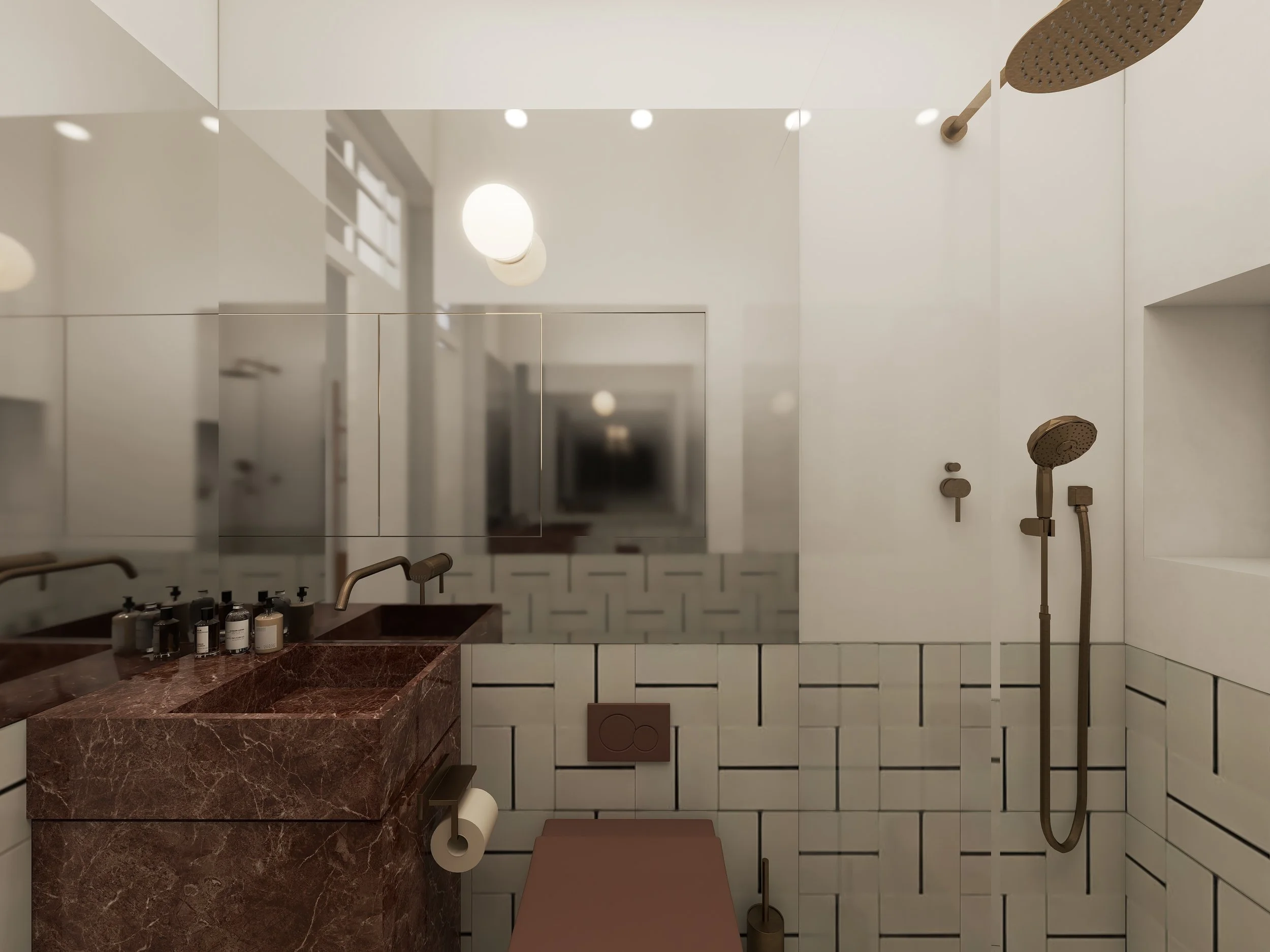 Banheiro moderno com espelho grande, pia de mármore marrom, papel higiênico, ducha de cabeça fixa e ducha de mão, paredes de azulejo branco