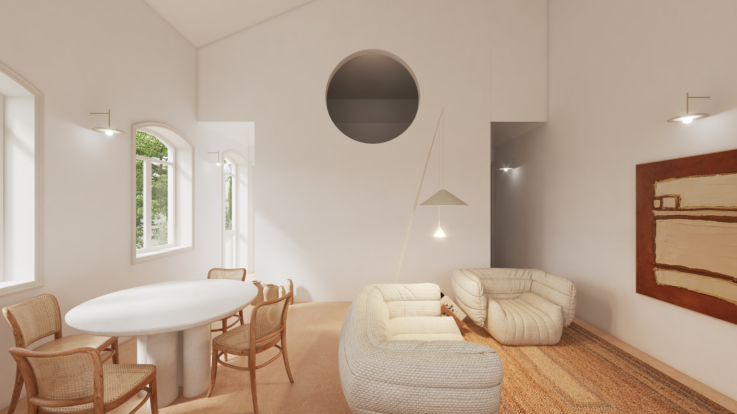 Sala de estar com móveis brancos, sofá e poltrona, parede com quadro de arte, janelas grandes com vista para árvores verdes, iluminação suave e iluminação natural.