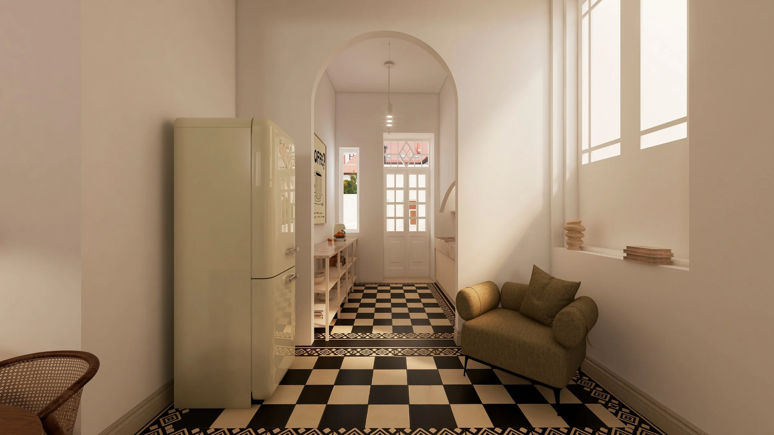 Sala de estar com piso marblejado em preto e branco, sofá verde em canto, janela com cortinas brancas, entrada de porta de vidro com detalhes em divisão de vidro, prateleira com livros na parede e móvel de canto na parede oposta.