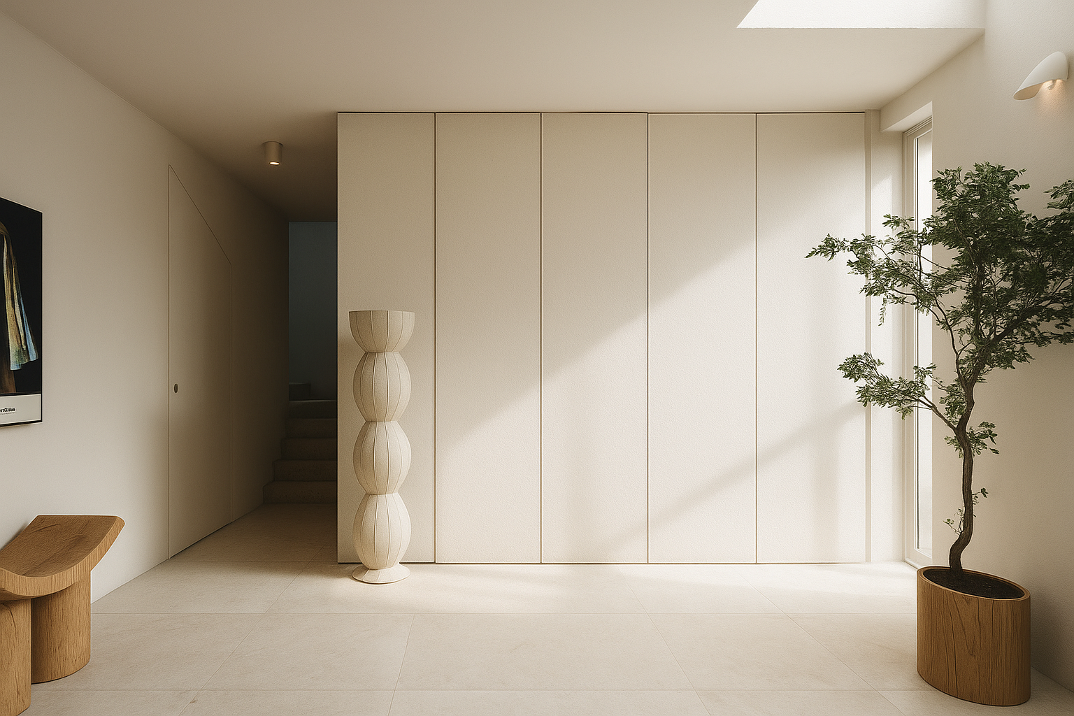Interior minimalista com paredes brancas, móvel de piano em madeira na esquerda, uma escada ao fundo, uma obra de arte na parede esquerda, e uma planta grande ao lado da janela na direita, com iluminação natural.