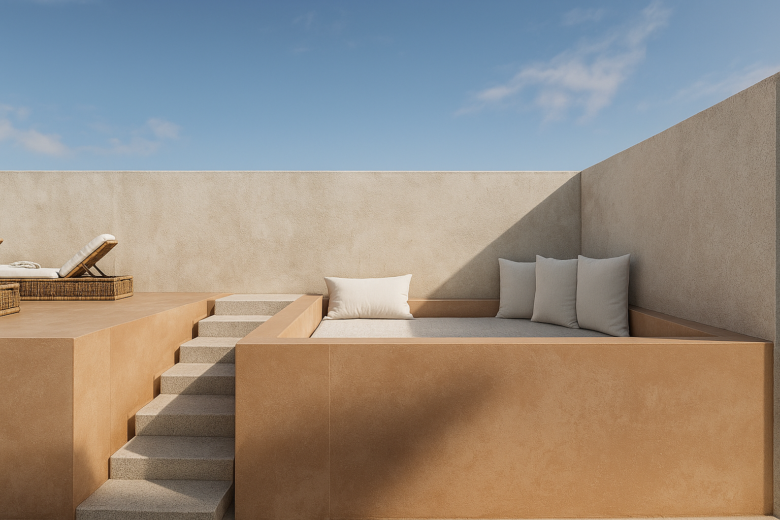 Área de descanso ao ar livre com almofadas brancas, paredes de cor bege, escadas de degraus de pedra e céu azul com nuvens.