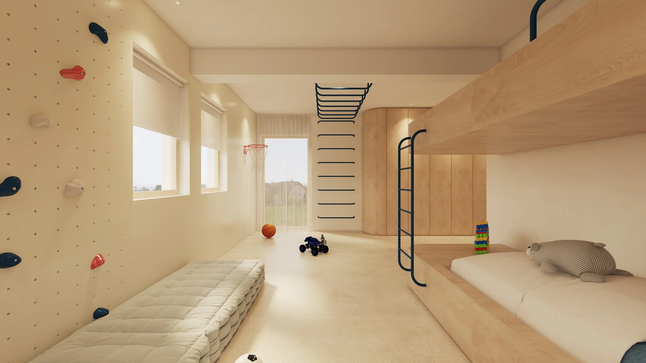 Quarto infantil com cama embutida, parede de escalada com agarras coloridas, armário de madeira, escada de ginástica, bola de basquete, boneco de brinquedo e um pequeno estádio de basquete portátil.