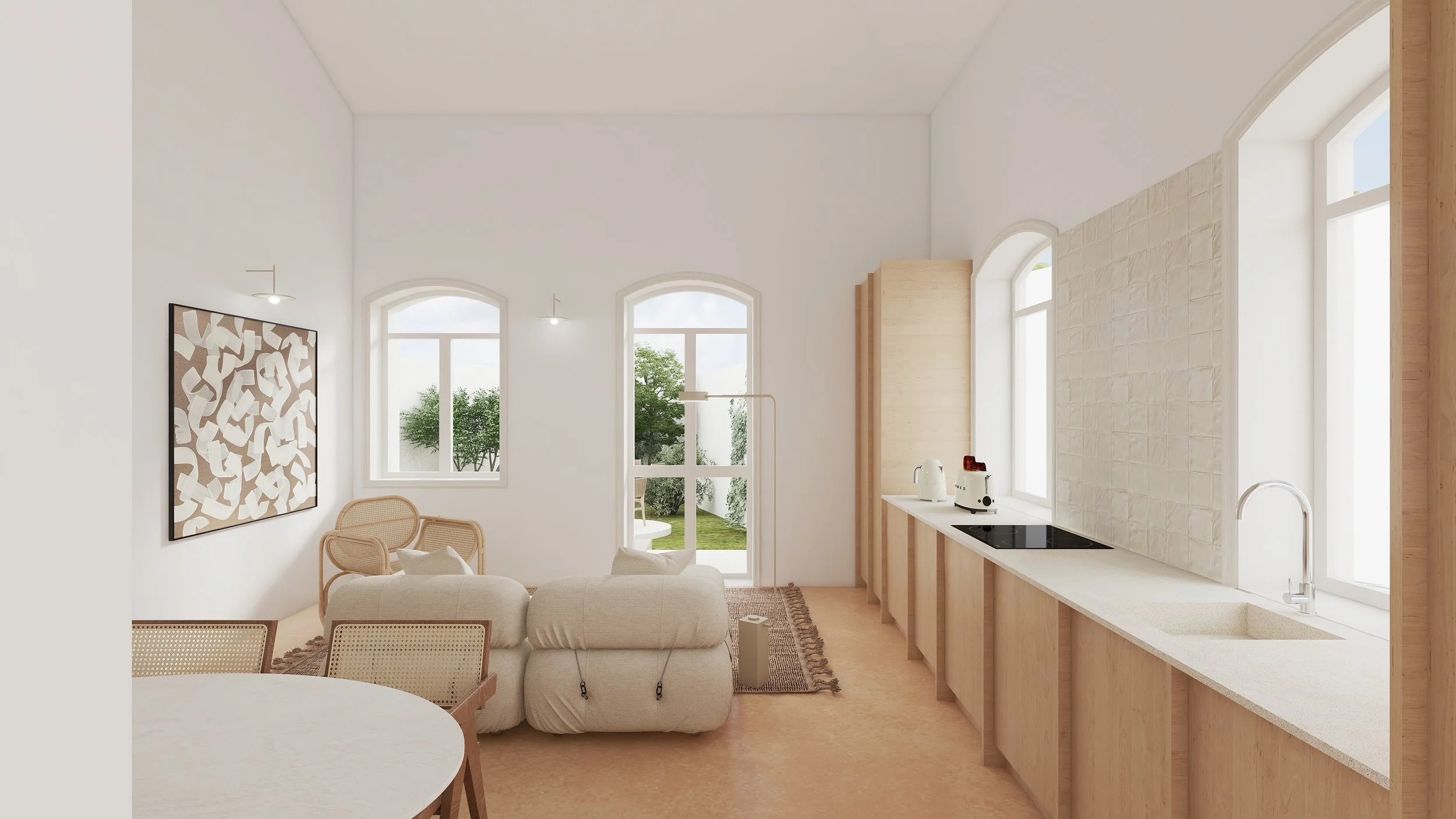 Sala de estar e cozinha integrada com esquadria ampla, móveis de madeira clara, quadro decorativo na parede, sofá branco, cadeiras de vime, vista para jardim externo.