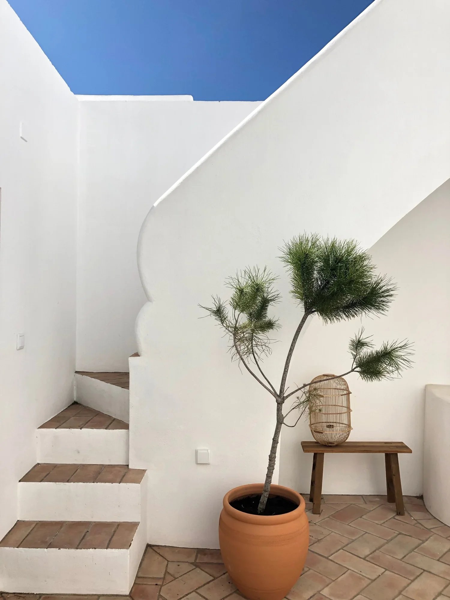 Pote de barro com árvore pequena em vaso, escada branca ao lado, banco de madeira com luminária de fibra natural ao lado, parede branca e céu azul acima.