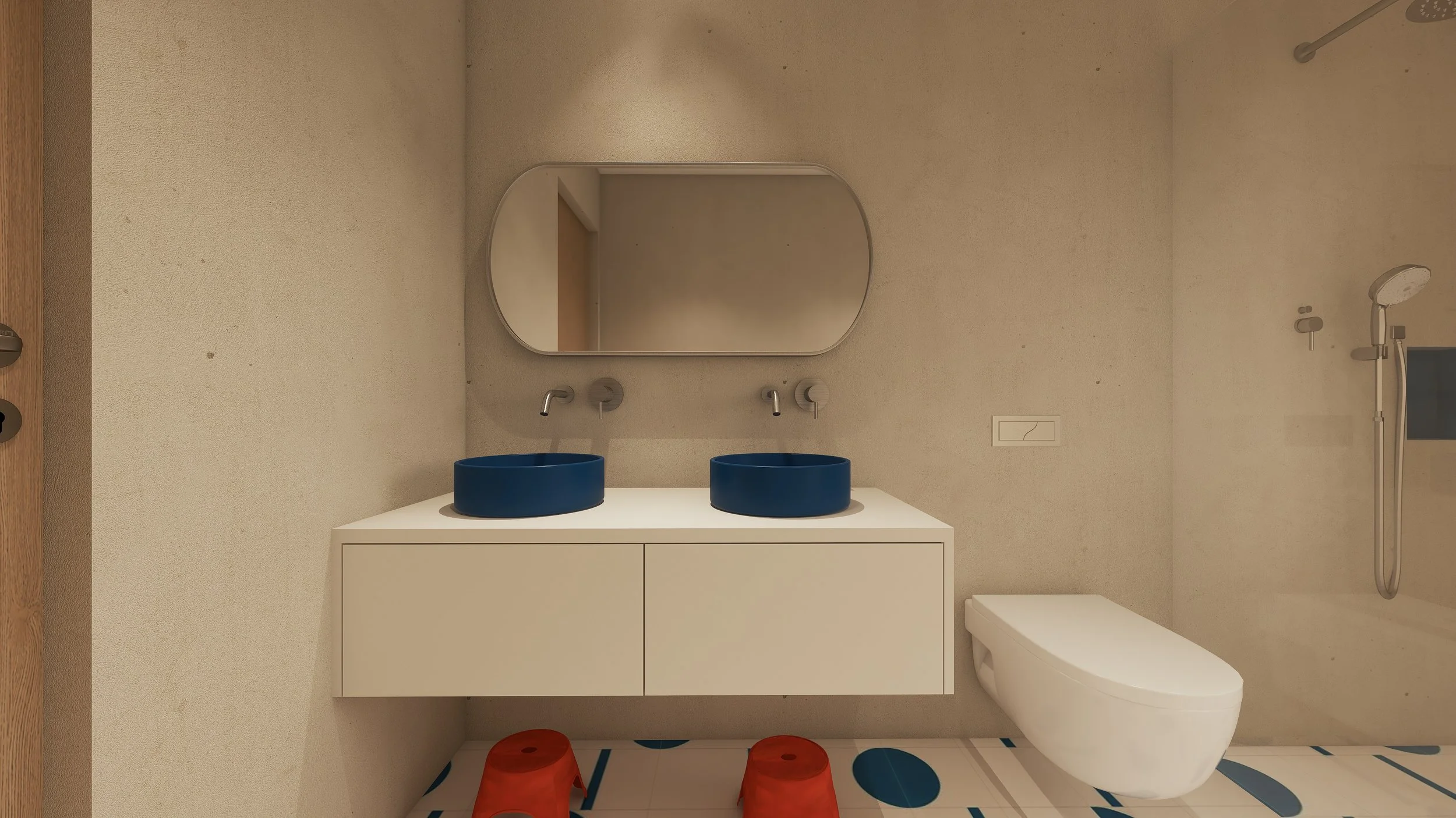 Banheiro moderno com pia de duas cubas azuis, espelho oval, vaso sanitário e chuveiro com ducha de mão. Solicitado piso com detalhes em azul e laranja.