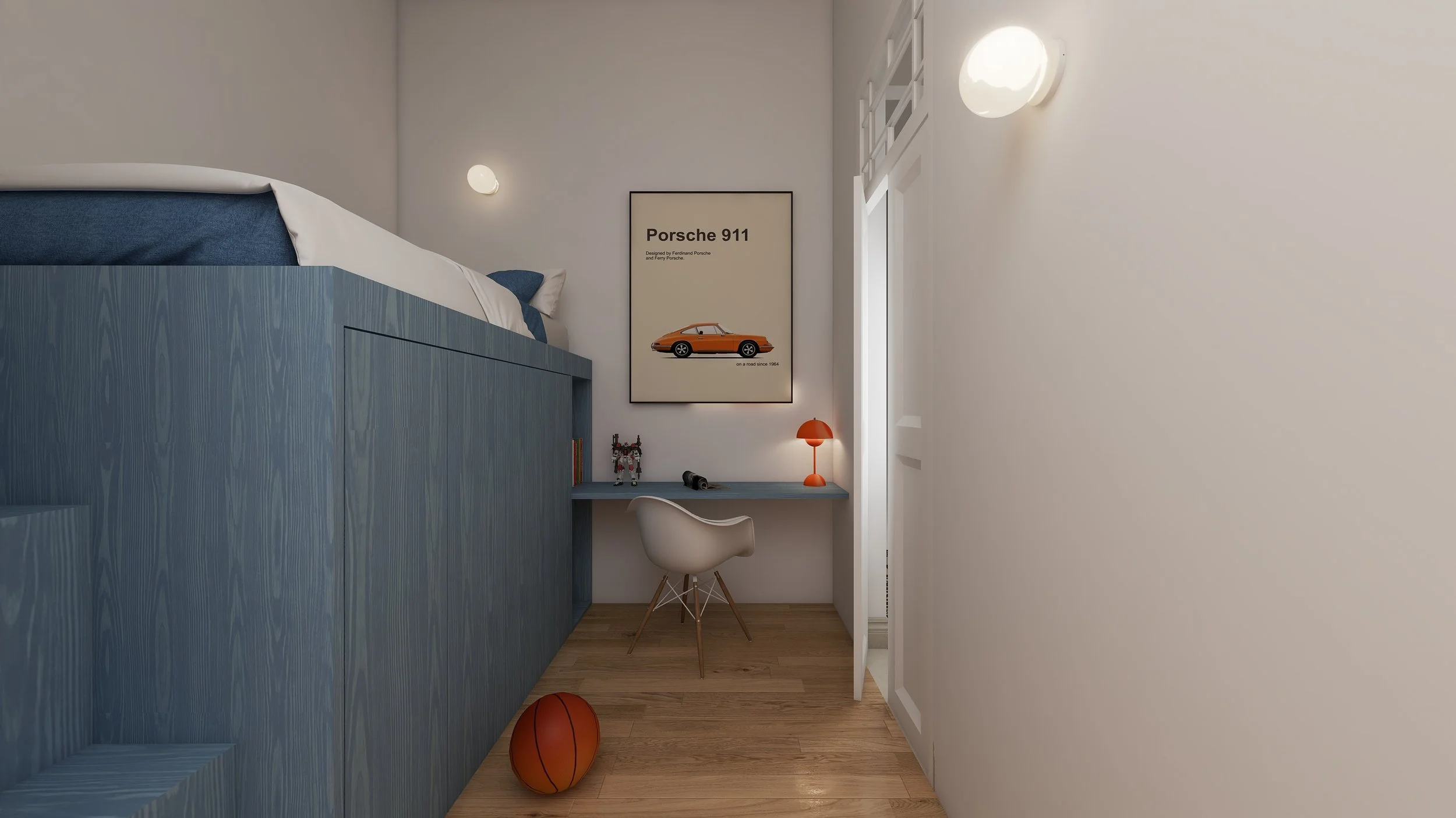 Quarto com cama elevada de estrutura de madeira azul, mesa de estudo com cadeira branca, luminária laranja, poster de Porsche 911 na parede e uma bola de basquete no chão.