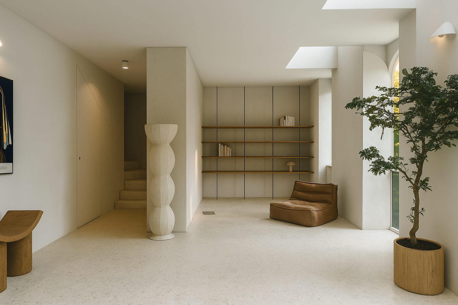 Sala de estar com paredes brancas, carpete bege, uma cadeira de couro marrom, uma planta em vaso de madeira, uma estante com prateleiras de madeira e livros, uma escada de carpete, uma luminária moderna e uma janela com vista para o exterior.