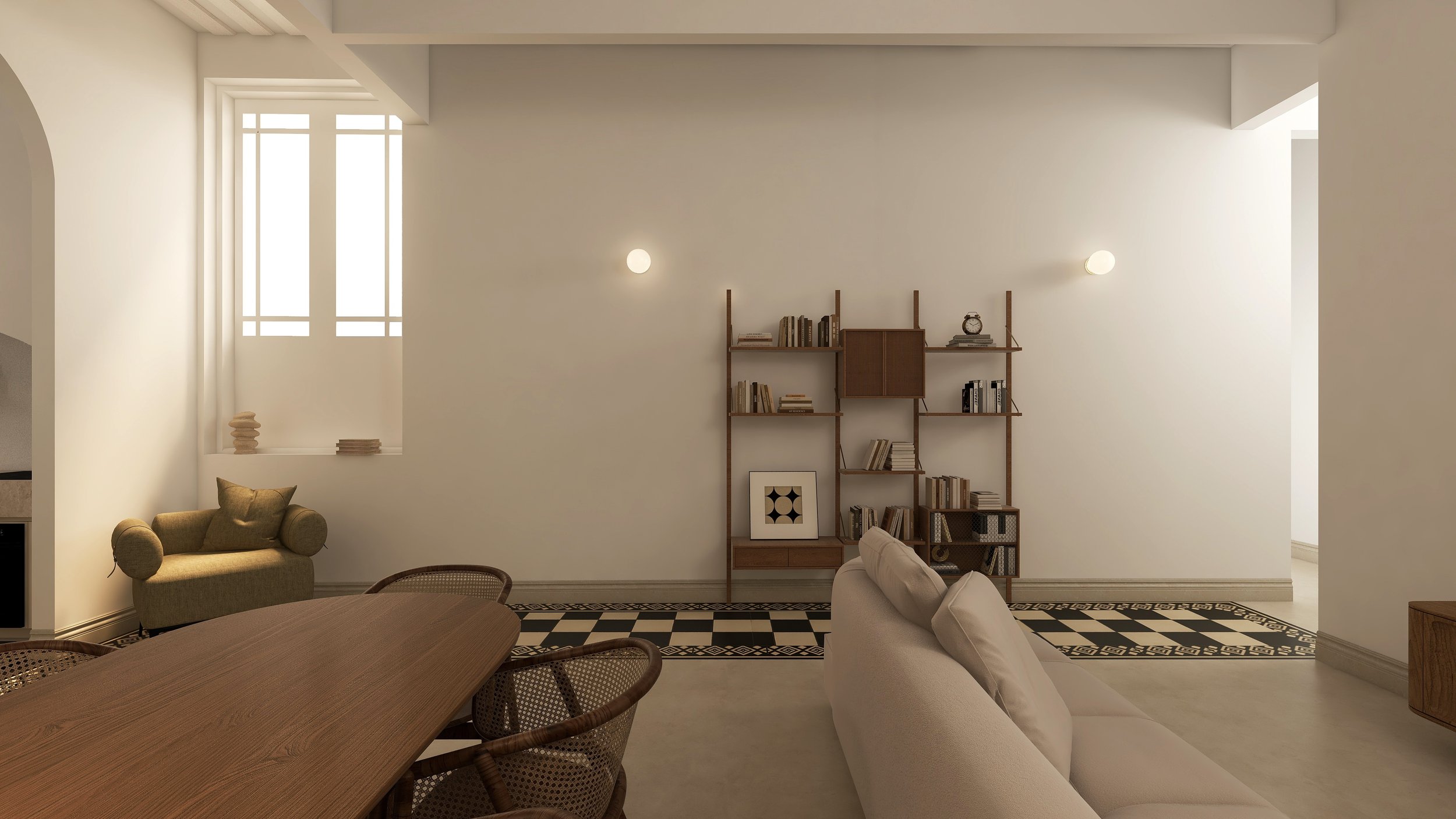 Sala de estar com sofás brancos, mesa de madeira, estante de livros de madeira, janelas altas com luz natural, piso com piso em padrão preto e branco, paredes brancas, iluminação suave.