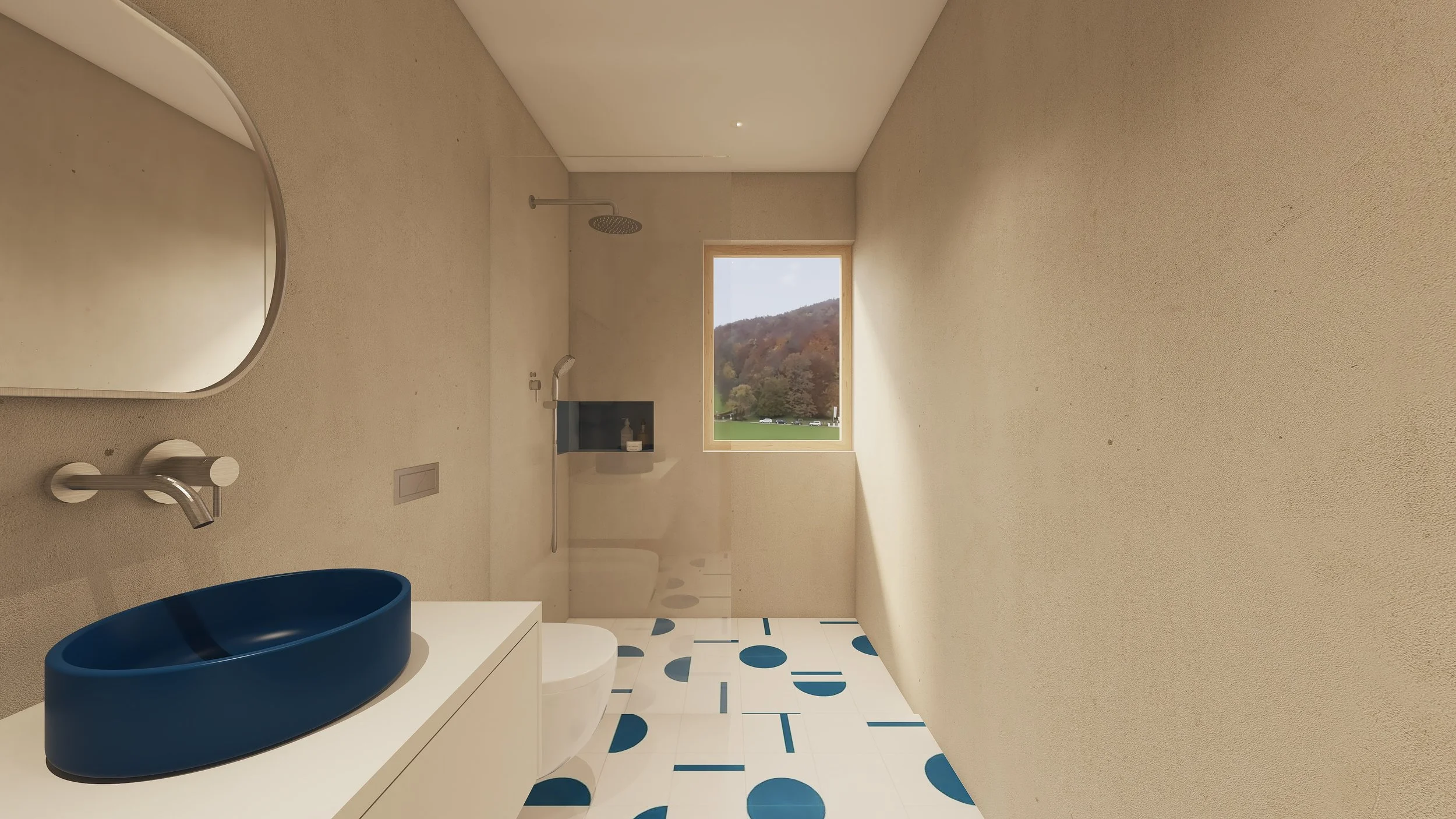 Banheiro com parede de cor bege, espelho oval na esquerda, pia azul escura, torneira branca e bancada branca. Ao fundo, ducha de teto de chuva e um nicho com sabonete. Janela mostra uma paisagem de montanhas com árvores coloridas e um campo verde.