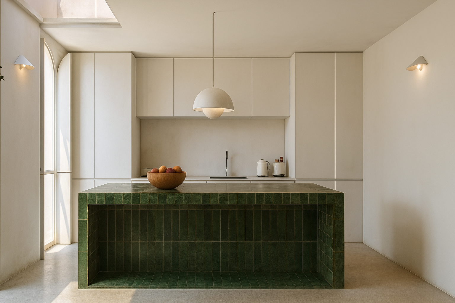 Cozinha minimalista com balcão de azulejos verdes, armários brancos e iluminação suave.