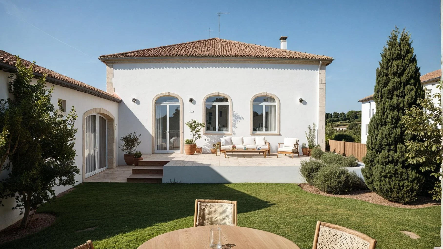 Casa branca moderna com janelas arqueadas, jardim com árvores e plantas, área de estar externa com mobiliário de exterior, e uma mesa de jantar ao ar livre sob o sol.