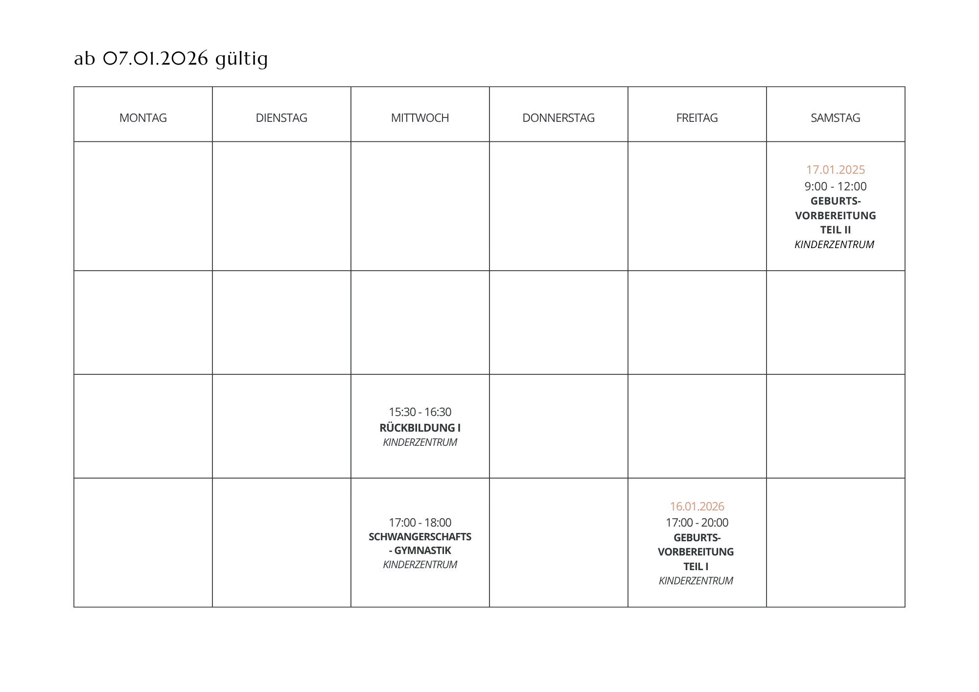 Stundenplan mit Terminen im Januar 2025, inklusive Geburtsvorbereitung, Rückbildung, Schwangerschaftsgymnastik im Kindergarten, und Terminen am Samstag.