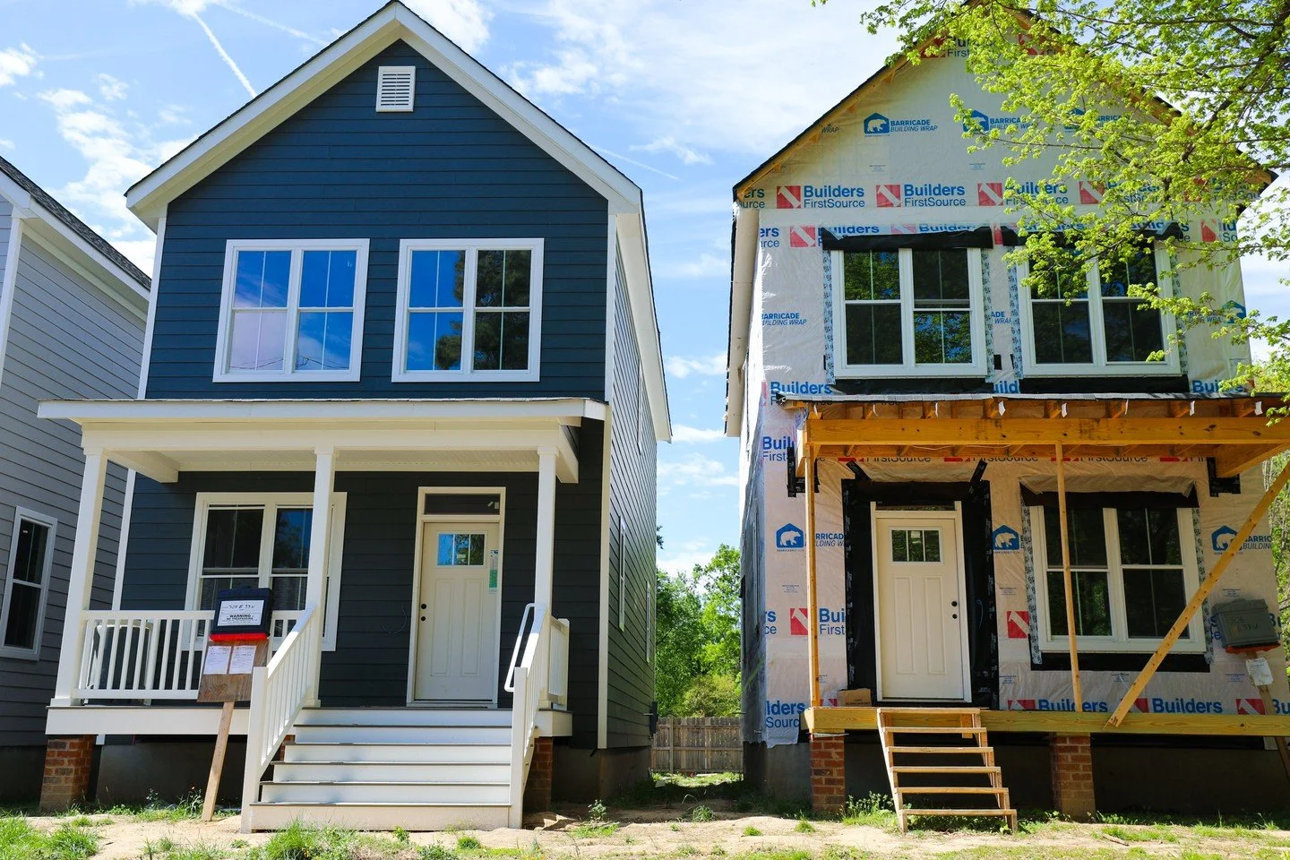 A side-by-side look at the different stages of construction on this block in Swansboro. These two are part of a five-home project we have underway!