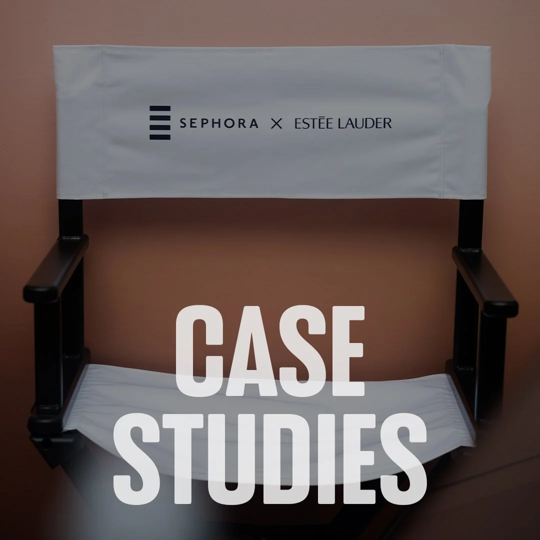 A wooden chair with a white cloth draped over the backrest and seat, featuring the logos of Sephora and Estée Lauder, with the words 'Case Studies' overlaid on the image.