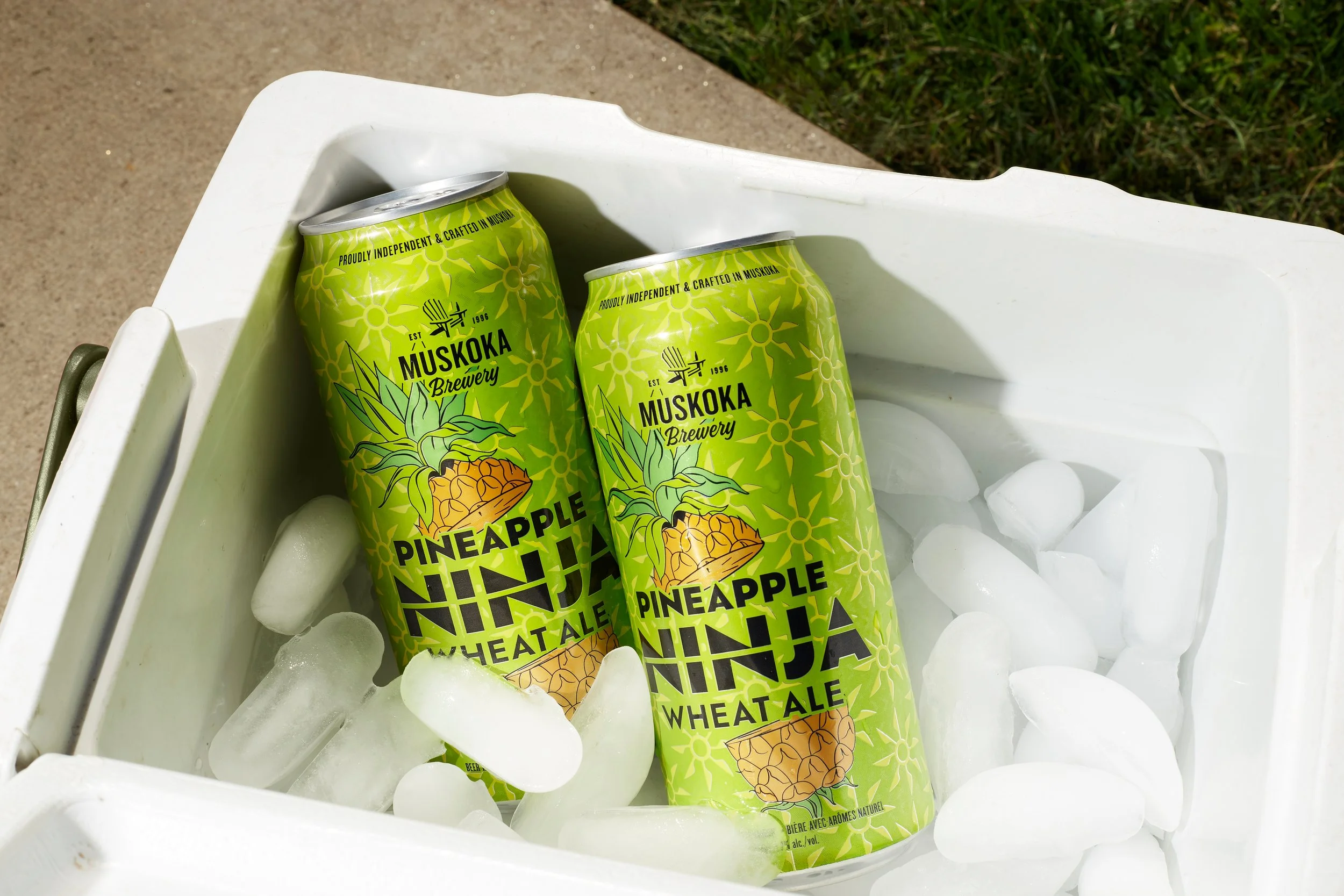 Two cans of Muskoka Brewery Pineapple Ninja Wheat Ale in an ice chest filled with ice cubes.