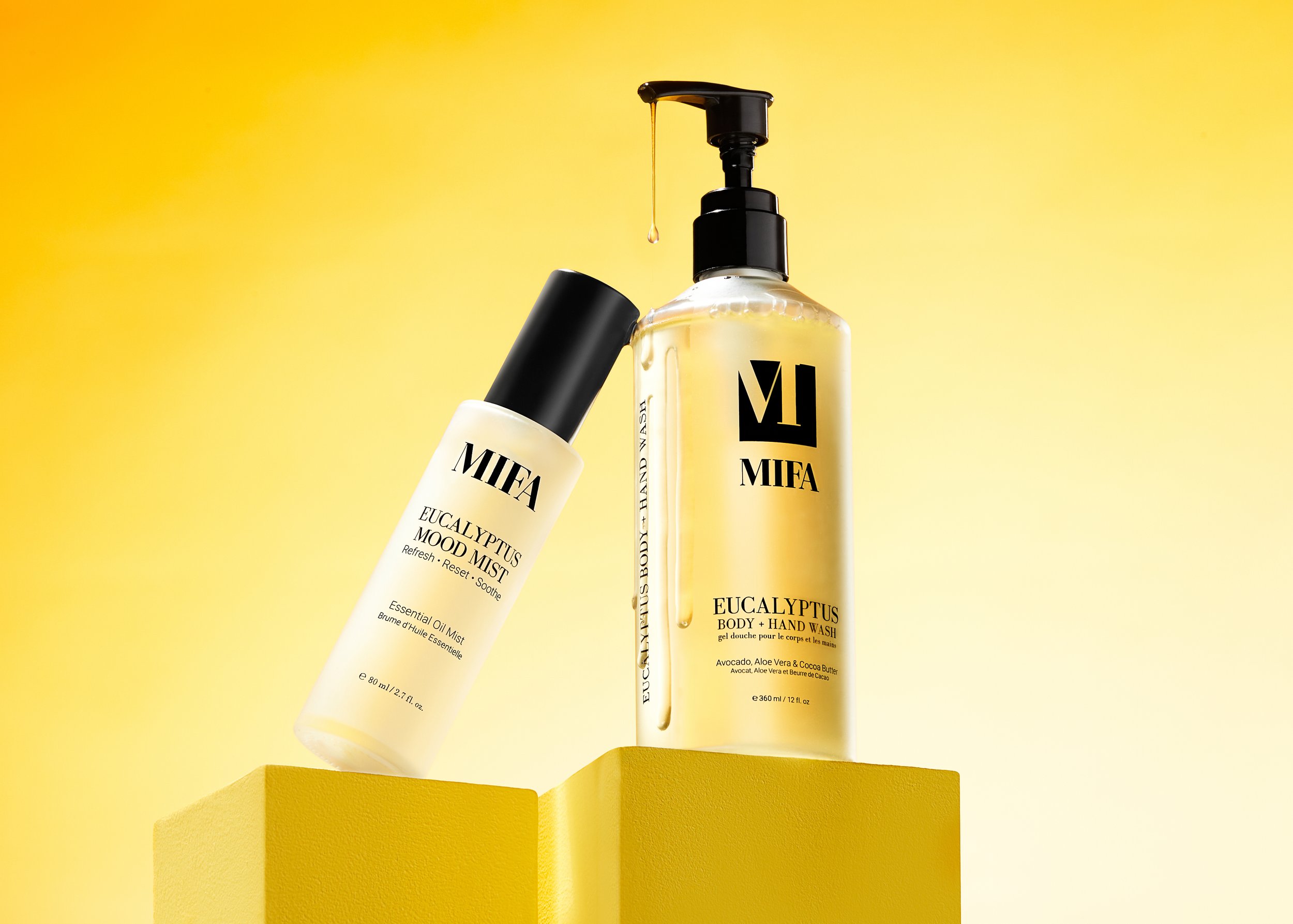 Two yellow bottles of MIFA Eucalyptus skincare products, one with a pump dispenser and the other with a black cap, are positioned on yellow platforms against a yellow background.