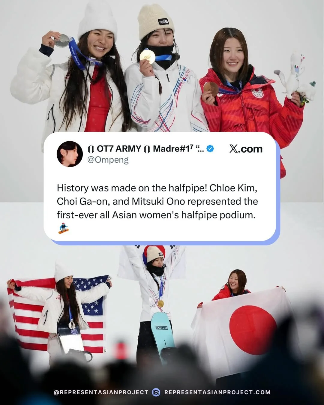 LIVING for these historic all-Asian podiums at Milano Cortina 2026 👏👏👏👏👏

🏂 Women&rsquo;s Snowboard Halfpipe: 
🥇 Gaon Choi (KOR) 
🥈 Chloe Kim (USA) 
🥉 Mitsuki Ono (JPN)

⛸️ Men&rsquo;s Figure Skating: 
🥇 Mikhail Shaidorov (KAZ) 
🥈 Yuma Kag