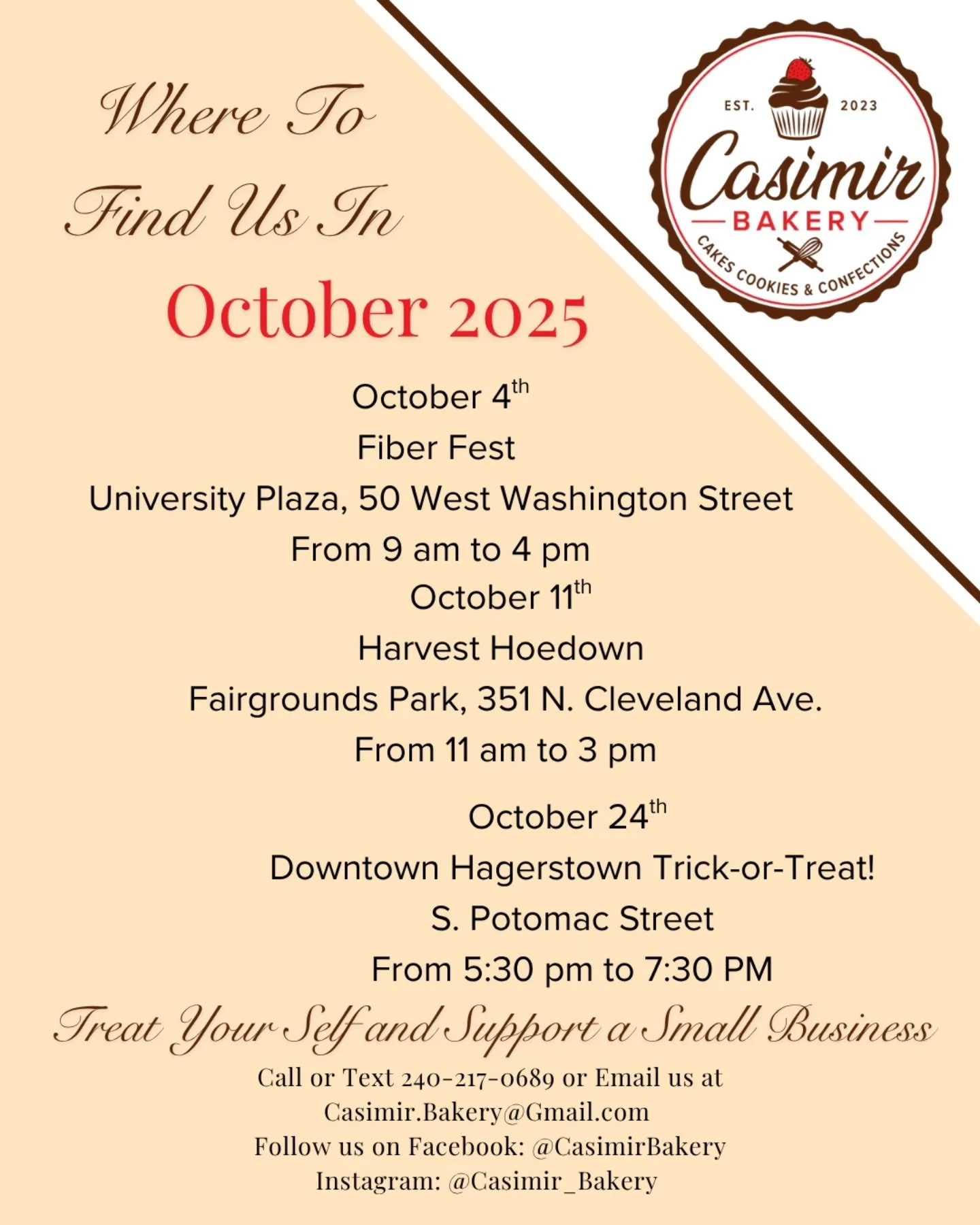 Casimir Bakery is excited for the spooky season! Casimir Bakery will be at Fiberfest on Saturday October 4th. If you've seen me at past events, you know that I love to crochet. Then, we'll be at Harvest Hoedown on Saturday October 11th. Finally, get 