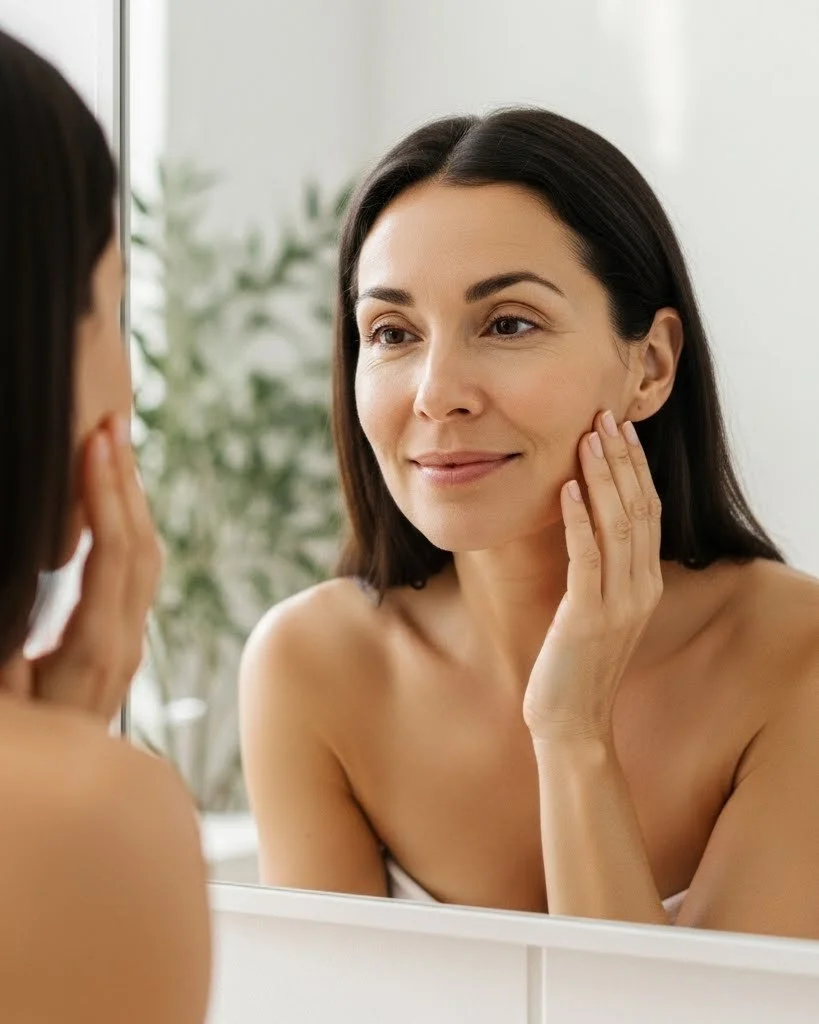 A woman looking at herself in a mirror, touching her cheek and smiling slightly.