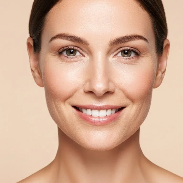 Close-up photo of a smiling woman with clear skin, brown hair, and light-colored eyes against a beige background.