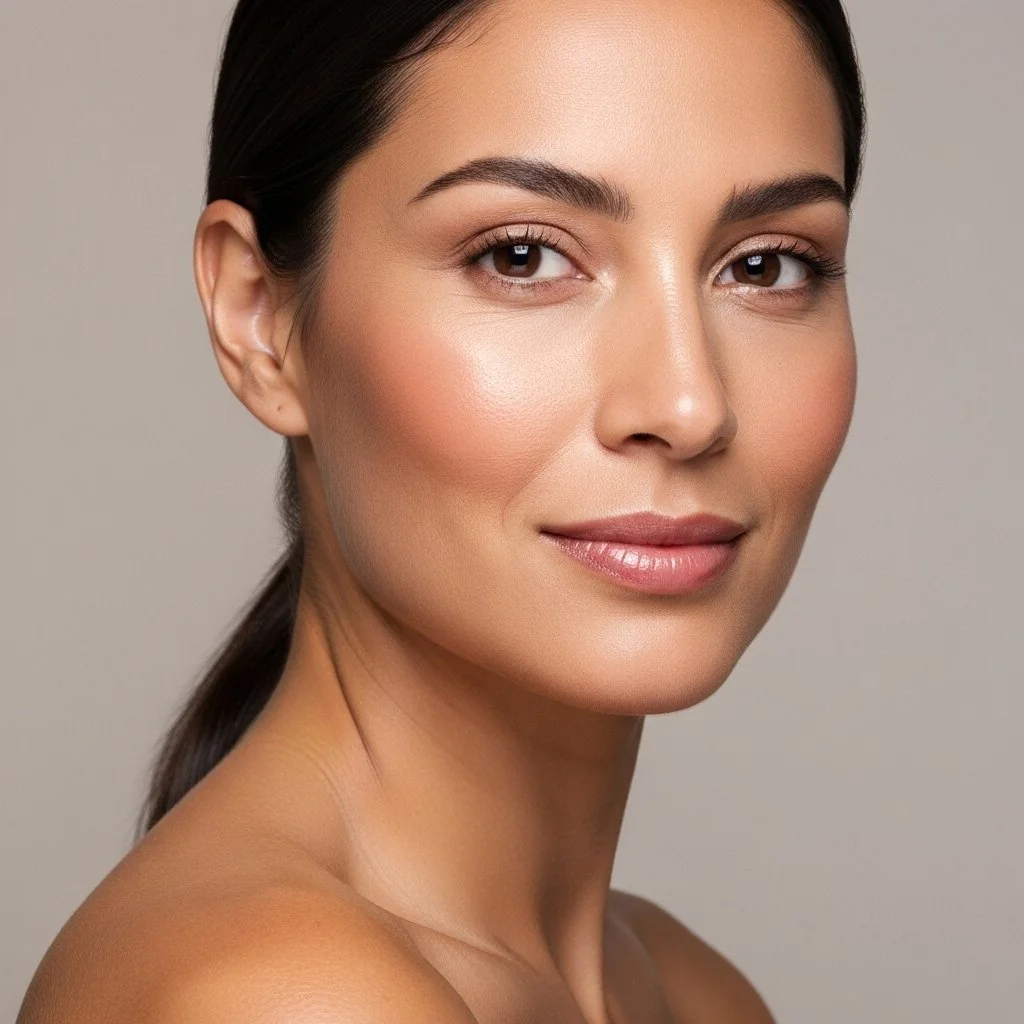 Close-up of a young woman with flawless skin and makeup, looking at the camera with a slight smile.