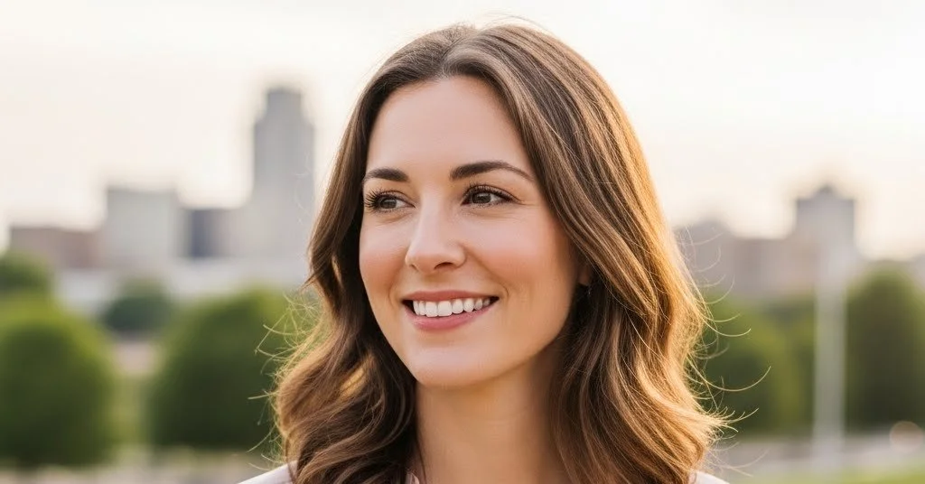 A smiling woman with long, wavy brown hair standing outdoors with a cityscape in the background.