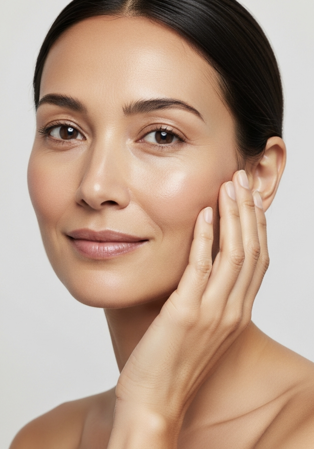 Close-up of a woman with clear skin gently touching her face, smiling softly.