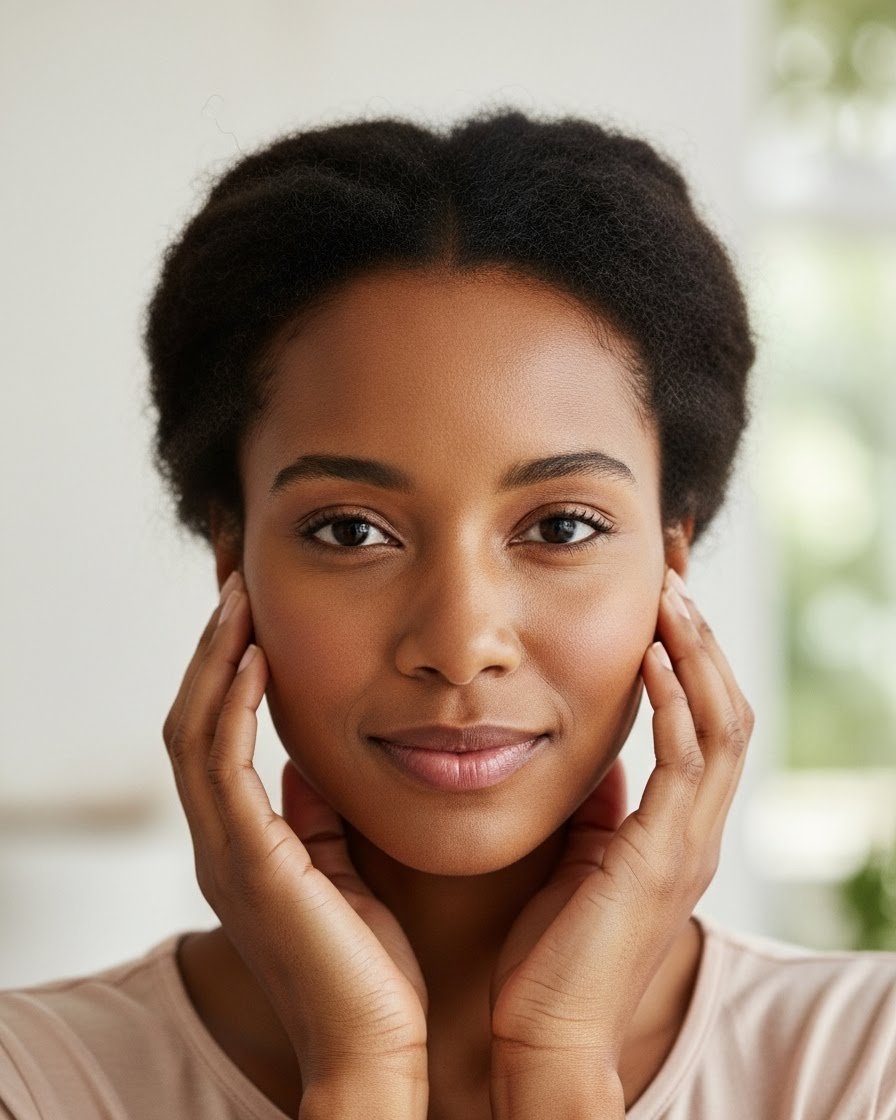 Close-up of a young African American woman with natural hair, looking directly at the camera and smiling softly, with hands gently touching her face.