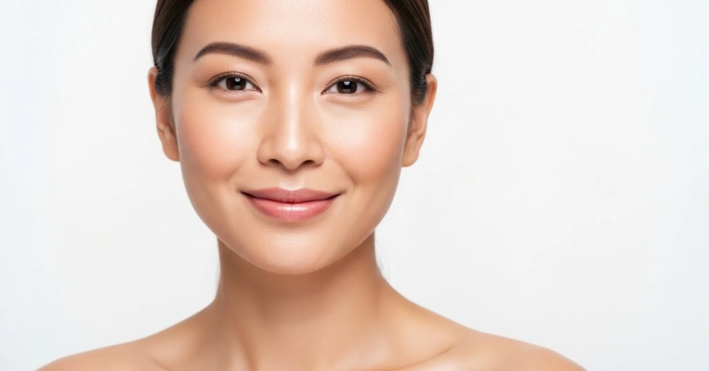 Close-up portrait of a smiling woman with clear skin, dark hair, and natural makeup against a white background.