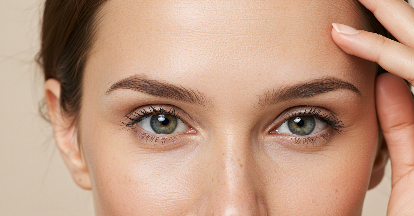 A woman with fair skin and piercing blue eyes gently touching her forehead with her fingers.
