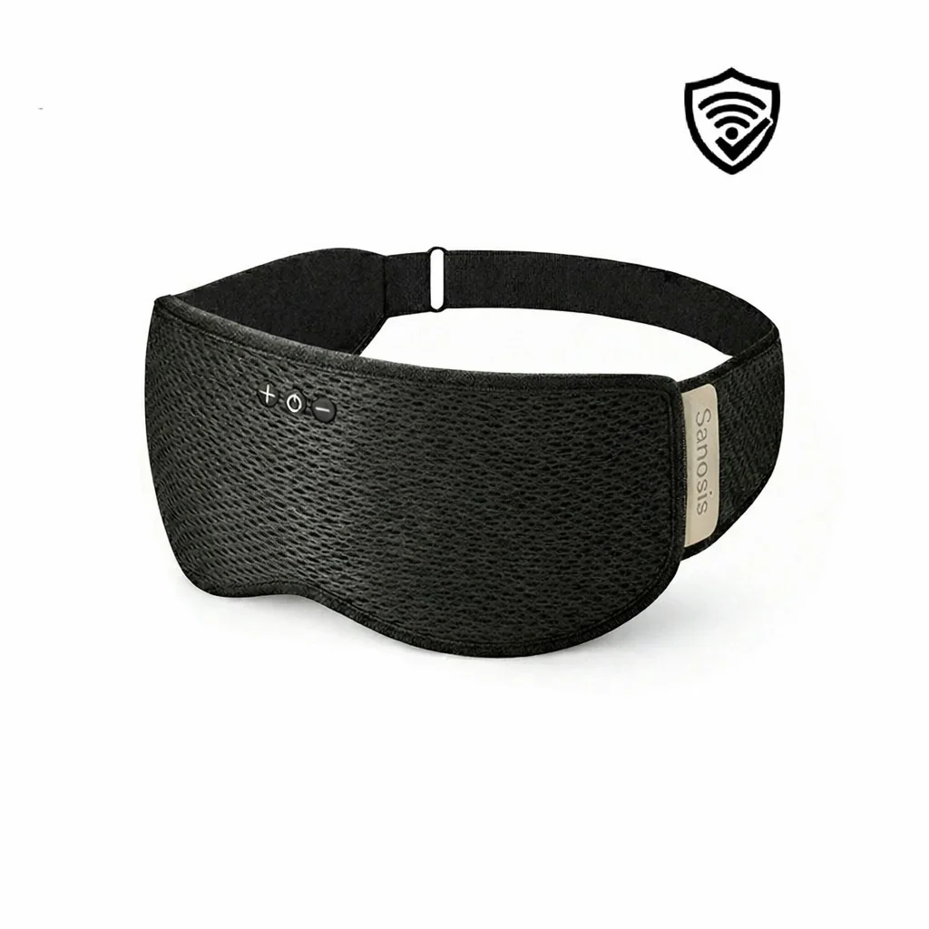 Black sleep mask with a textured surface and built-in controls, branded with a small label 'Sanois' and a shield icon indicating Wi-Fi or security.