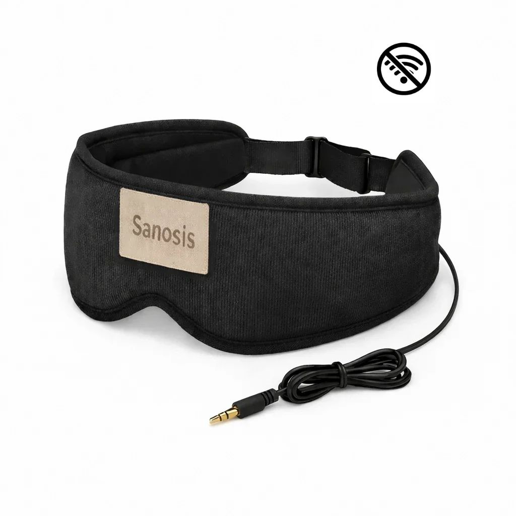 Black sleep mask with a beige patch labeled 'Sanosis' and a connected black audio cable.