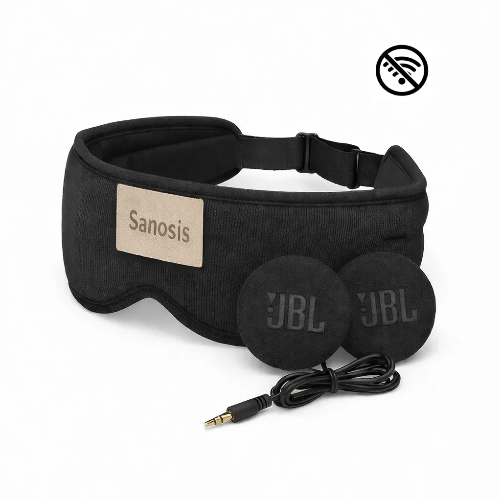 Black sleep mask with a label reading "Sanosis" and two black JBL-branded earphone covers with attached audio cable, on a white background, with an icon indicating no wireless connection.