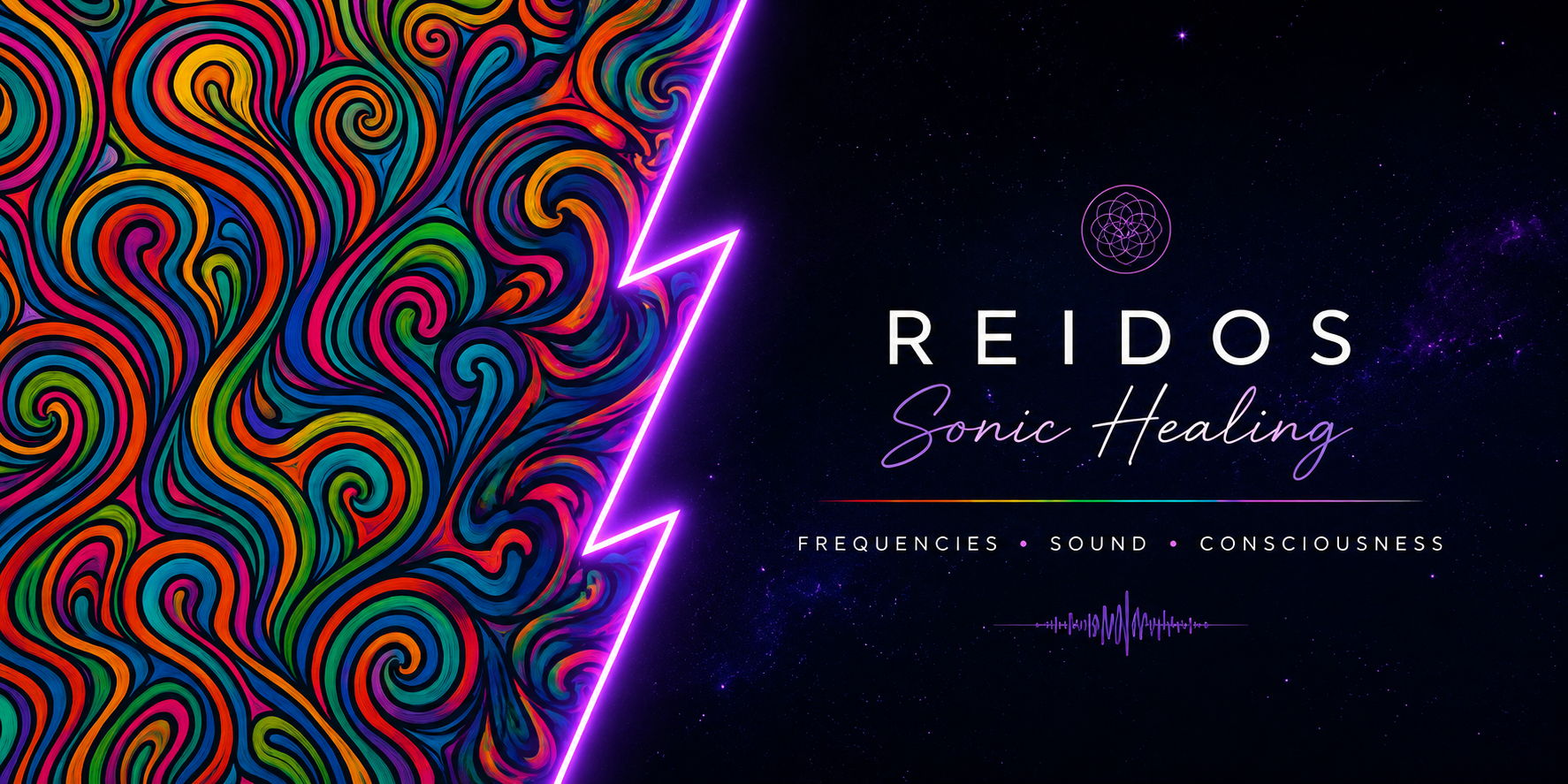 Colorful abstract swirling patterns on the left, with a neon lightning bolt separating the vibrant art from a dark starry background on the right. The right side features text that reads "REIDOS Sonic Healing" with a geometric symbol above and additional text about frequencies, sound, and consciousness.