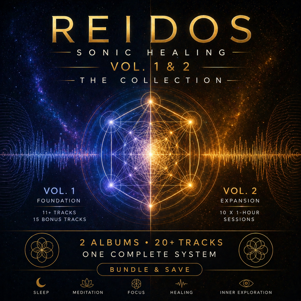 Album cover art for 'Reidos Sonic Healing Vol. 1 & 2: The Collection' featuring a cosmic design with blue and gold interconnected lines and particles, indicating sound wave and energy themes. It includes information about the albums: Vol. 1 Foundation, 11+ tracks and 15 bonus tracks; Vol. 2 Expansion, 10 sessions, 1 hour each; total 2 albums with 20+ tracks, promoting a complete healing system. Icons at the bottom represent sleep, meditation, focus, healing, and inner exploration.