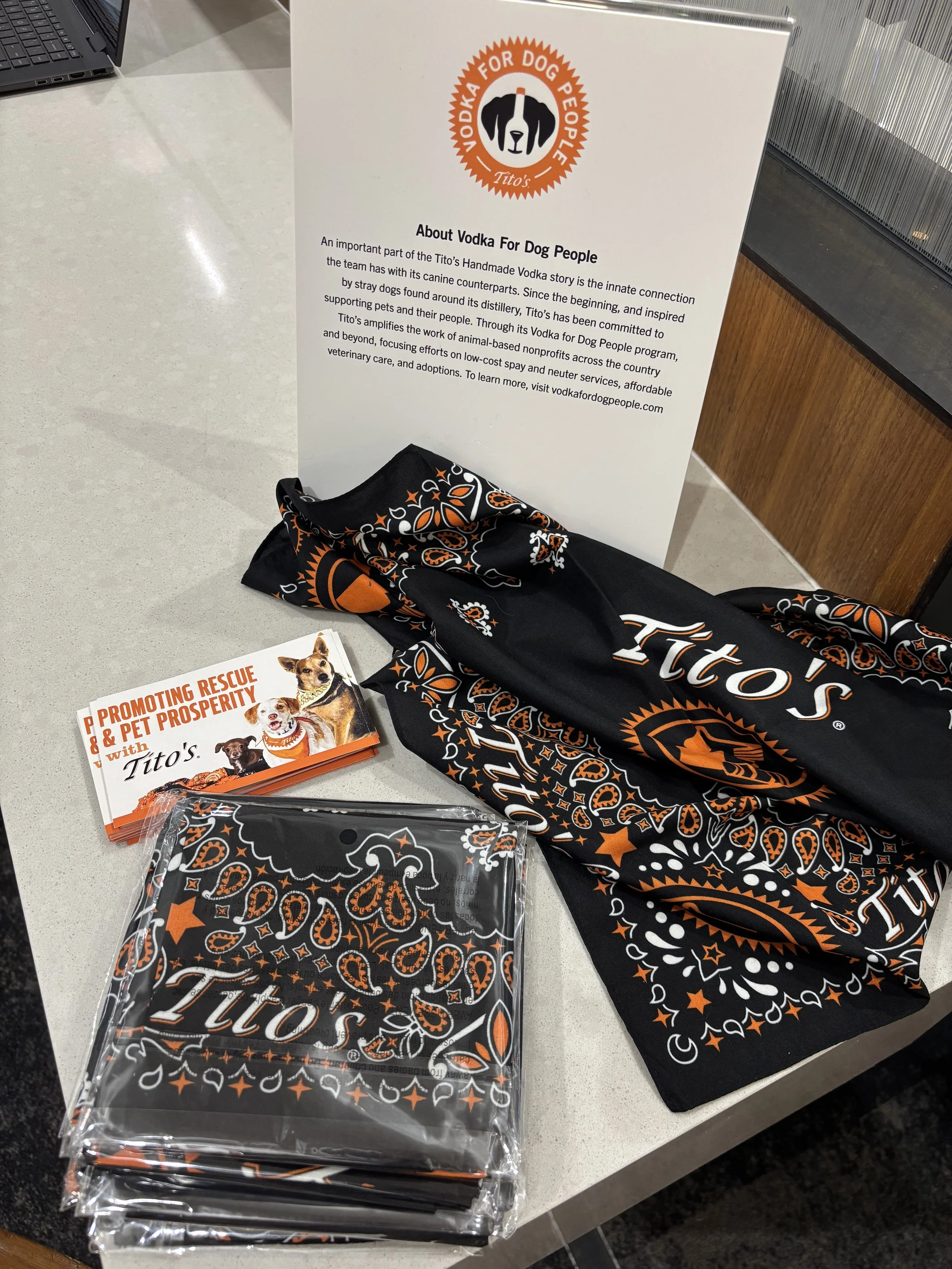Tito's Vodka for Dog People information stand and bandanas for dogs
