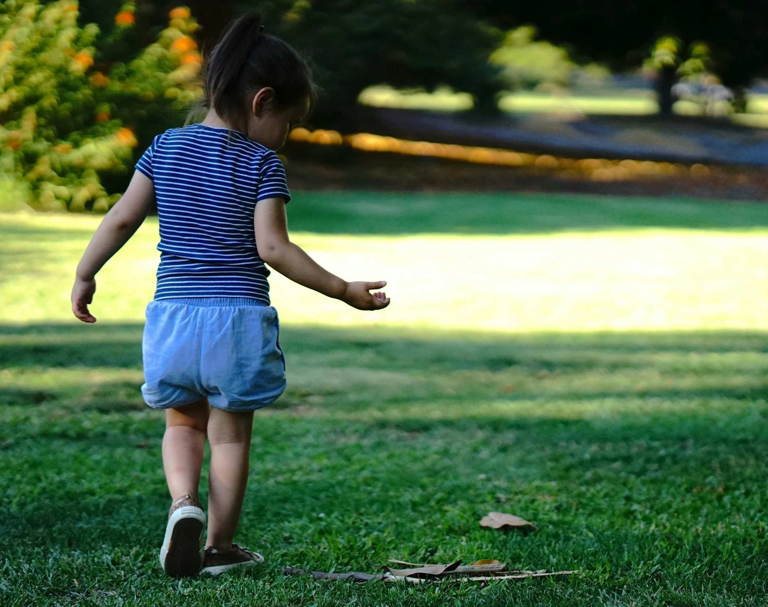 A young girl in a striped shirt and shorts walking on grass in a park with trees and sunlight in the background.