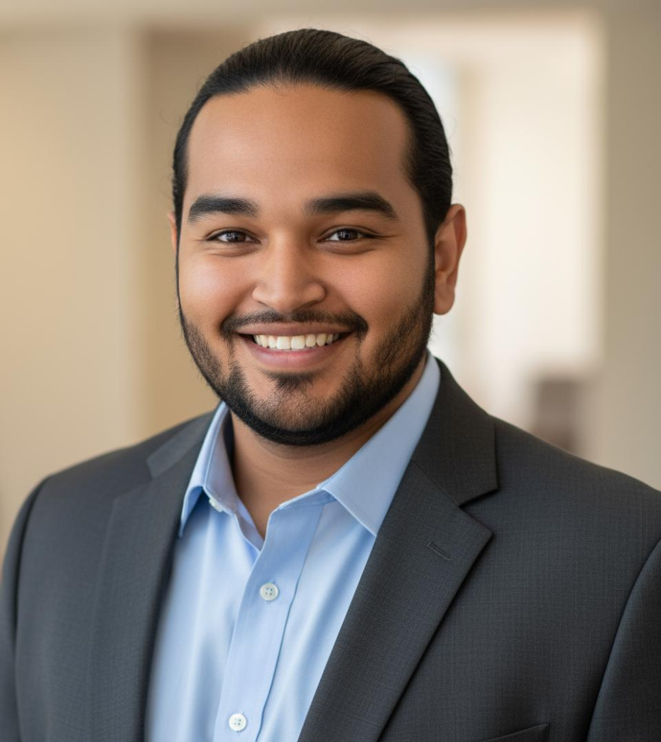 A smiling man in a gray suit and light blue dress shirt posing indoors with a neutral background.