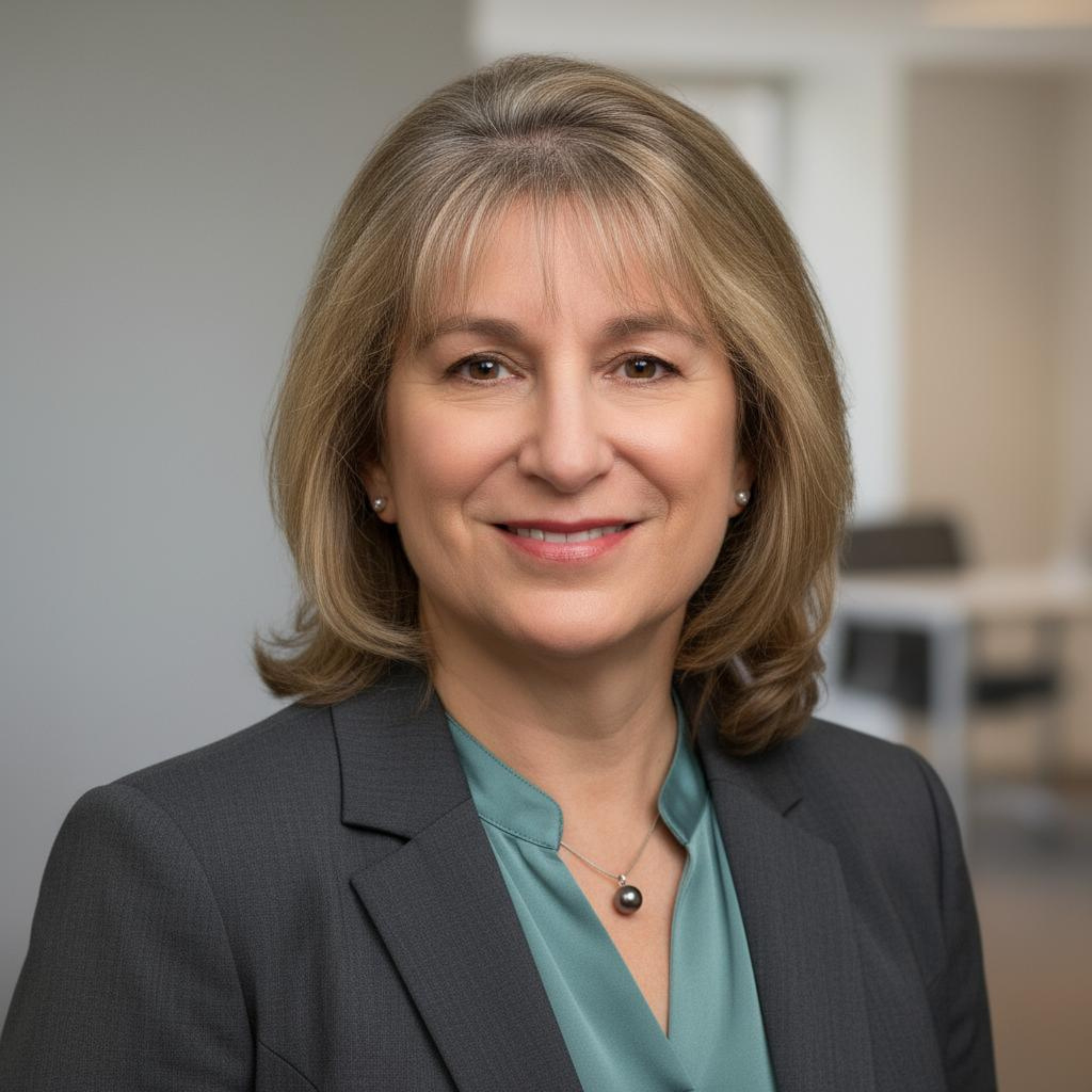 A professional woman with shoulder-length blonde hair, wearing a dark blazer and a teal blouse, smiling in an office setting.