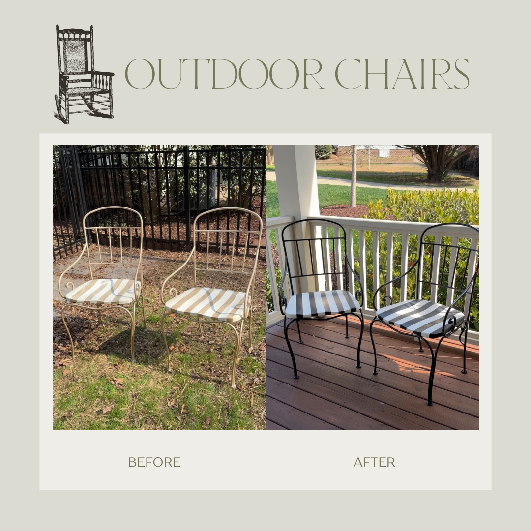 A comparison of outdoor chairs before and after restoration. The 'before' image shows two vintage metal chairs with cream-colored, striped cushions, placed on grass outside. The 'after' image shows the same chairs, now painted black, with new matchin
