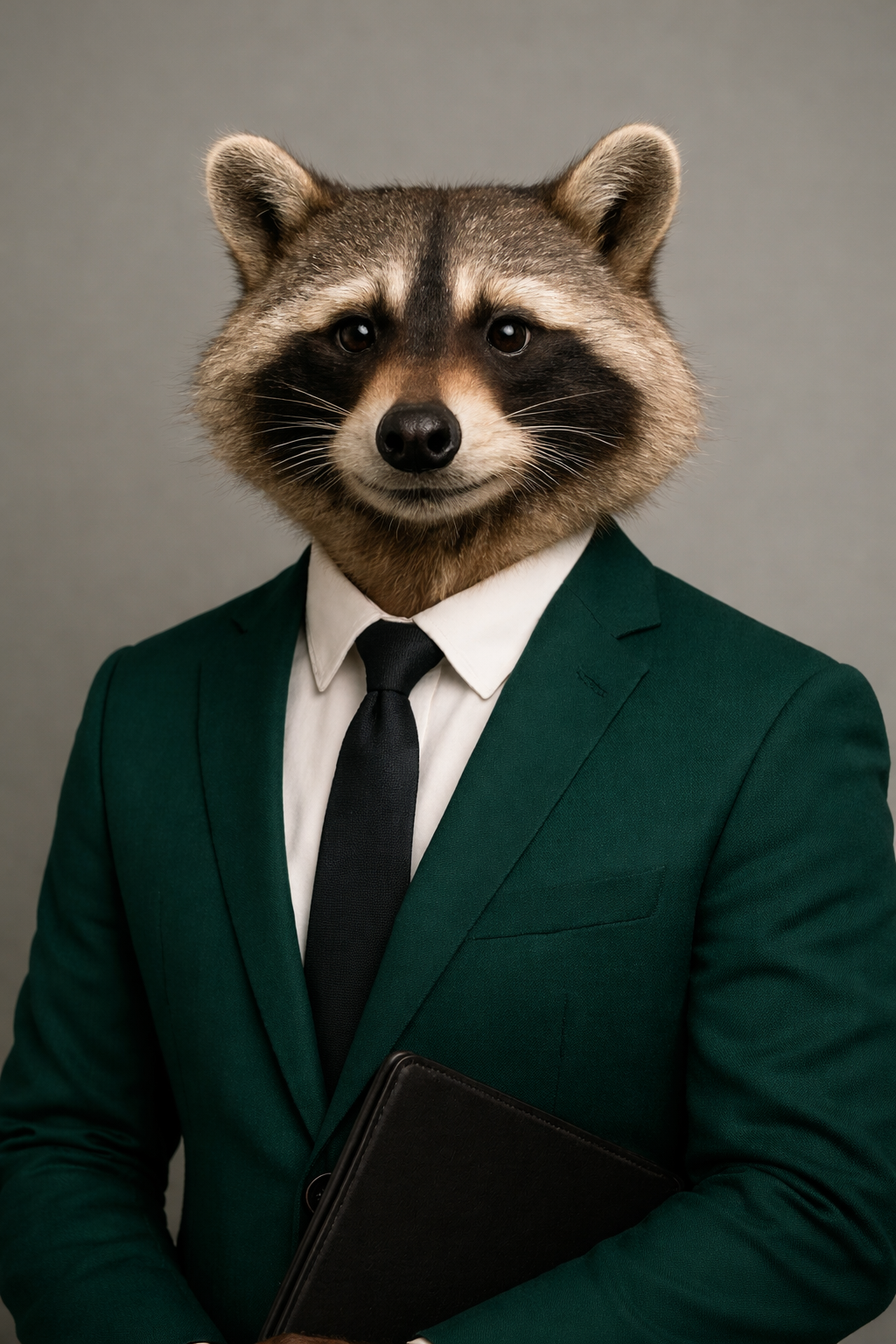 A raccoon with a human body dressed in a green business suit, white shirt, and black tie holding a black folder.