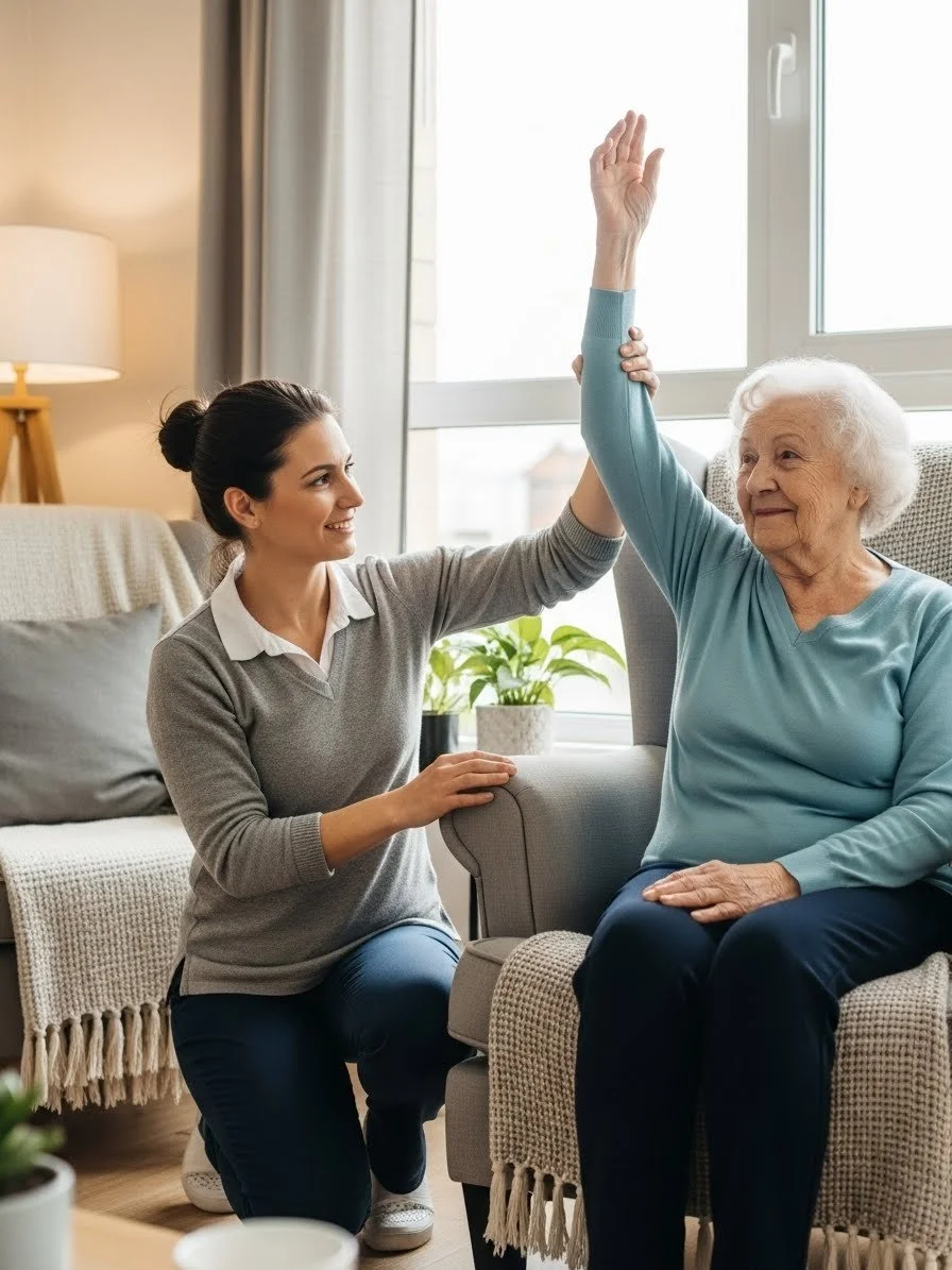 A young woman is helping an elderly woman with white hair sitting in a chair, giving her a high five in a bright living room with large windows and houseplants.