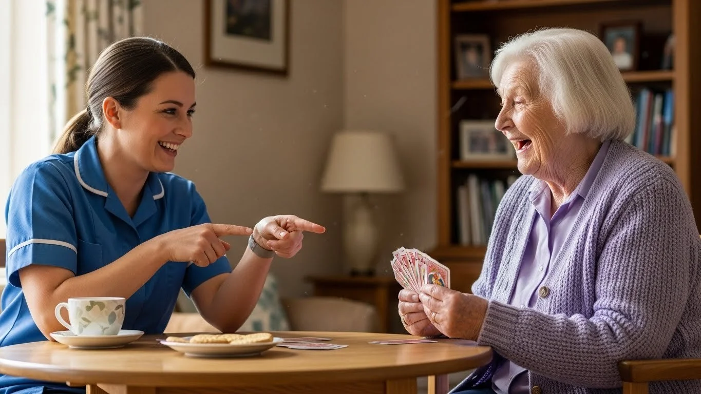A young woman in blue pajamas playing cards with an elderly woman at a table, smiling and laughing in a cozy living room.