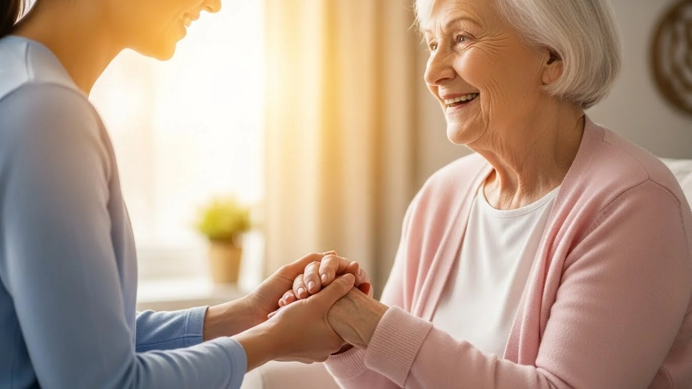 A young caregiver holding hands with an elderly woman who is smiling at her in a warmly lit room.